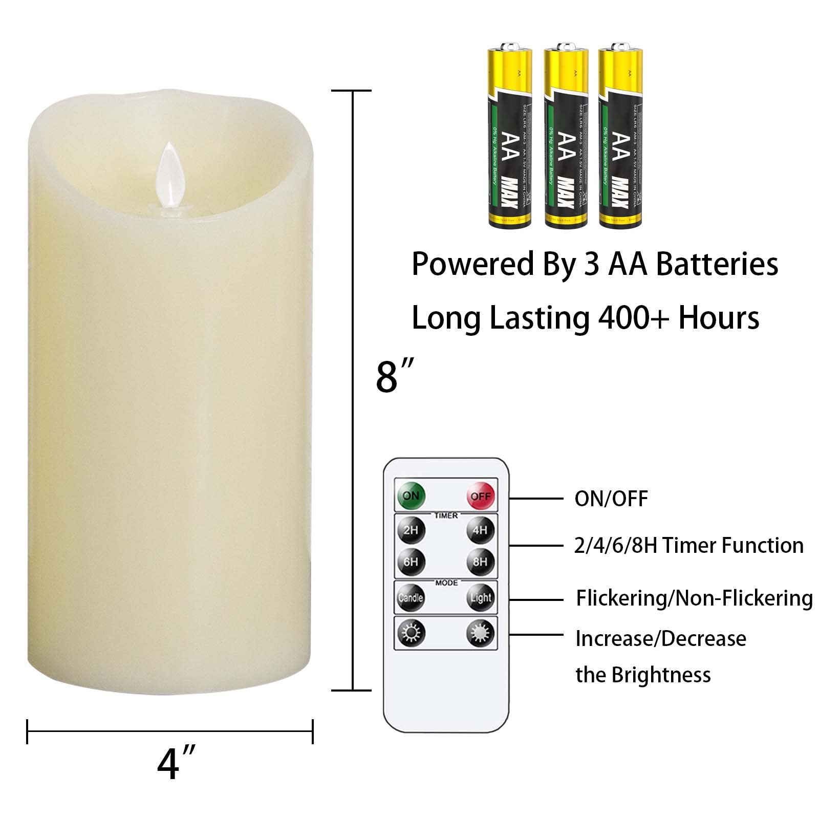 Real Wax LED Flameless Candles with Remote & Timer - 4”x8” Ivory Battery Operated Pillar Candles (Pack of 2) for Home Decor, Wedding Centerpieces & Romantic Dinner Ambience - Long Lasting Electric Candles with Flickering Wick Effect