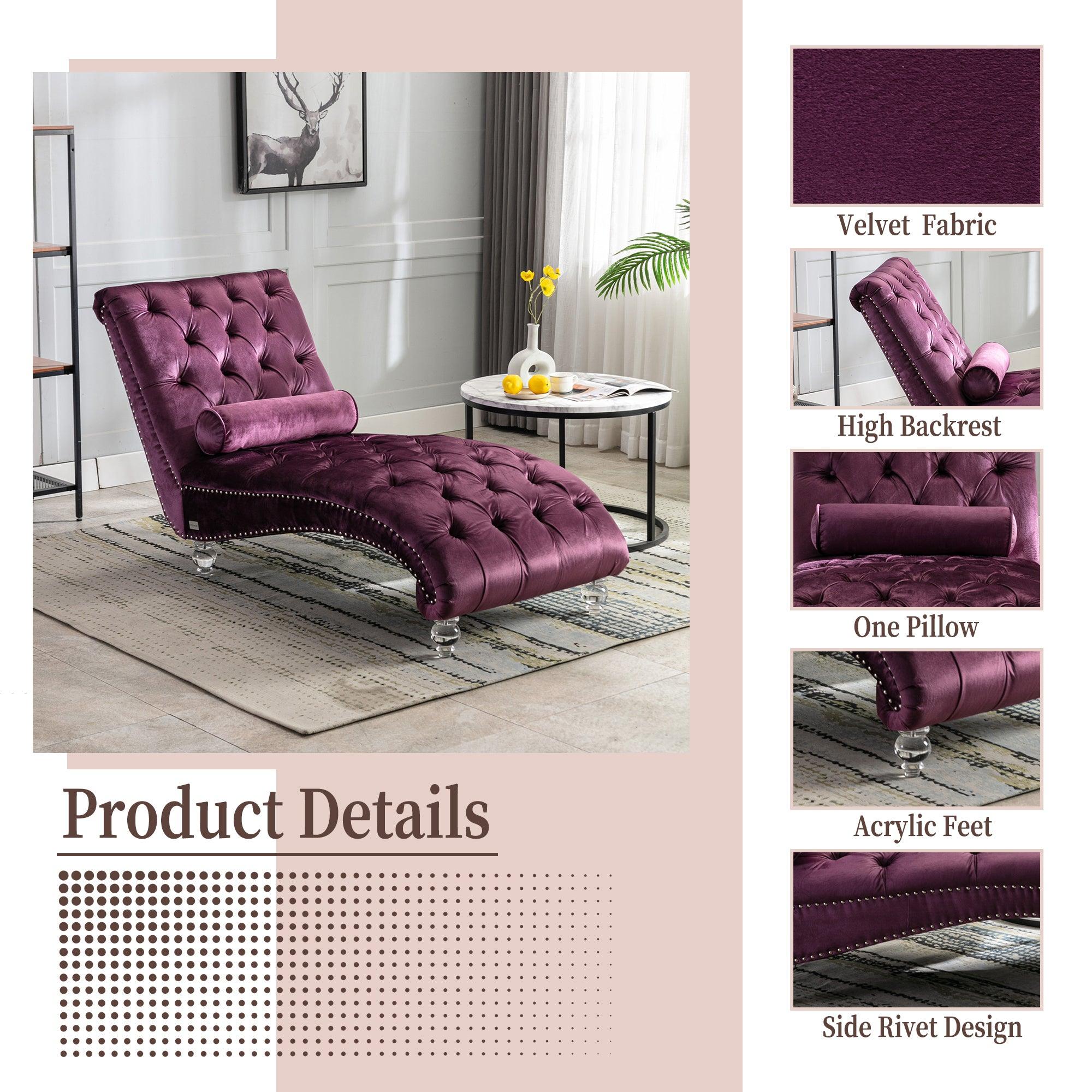 Luxury Velvet Chaise Lounge Chair - Button Tufted Upholstered Sofa with Pillow for Bedroom, Living Room & Office - Elegant Purple Velvet Chaise - Perfect for Relaxing, Reading & Home Decor