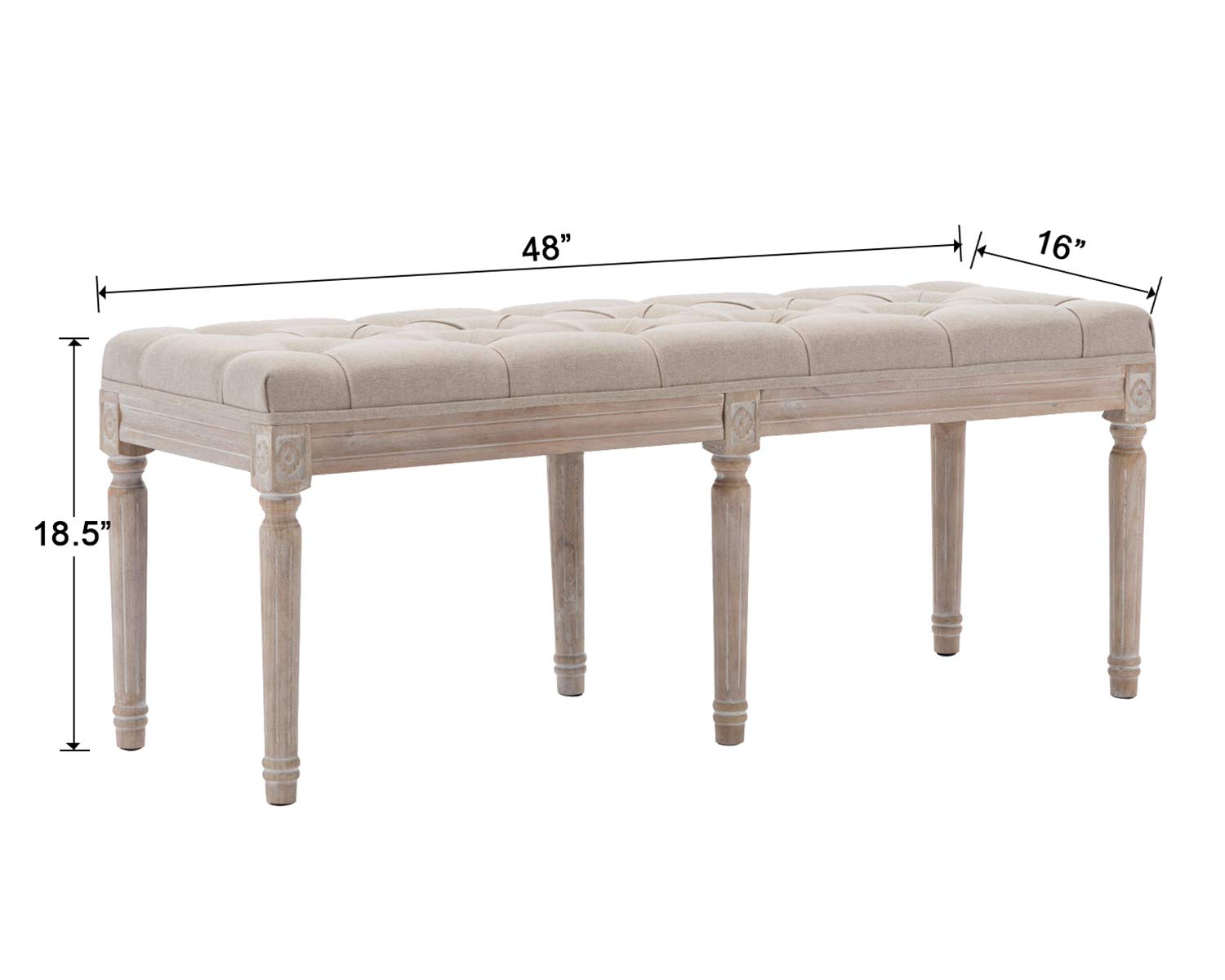 Kmax Upholstered Dining Room Bench - Rustic Living Room Ottoman with Carved Pattern & White Brushed Rubber Wood Legs, Beige - Perfect for Farmhouse Dining Sets, Entryway Seating or Bedroom Decor