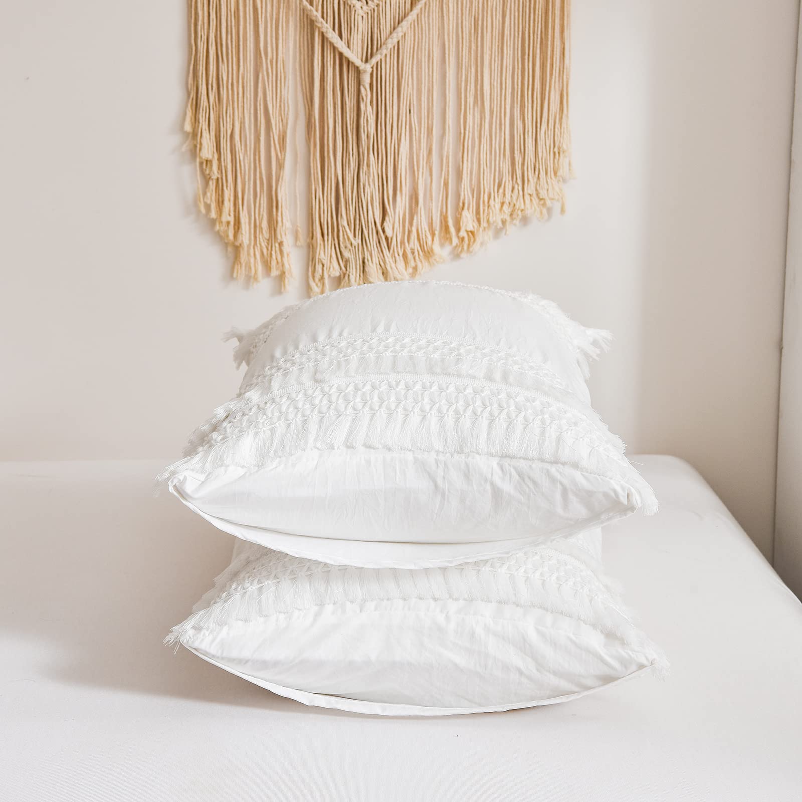 Premium King Size Pillow Cases Set of 2 - Soft Washed Microfiber Pillow Covers with Tassel Trim & Envelope Closure - White Boho Farmhouse Bedding for Master Bedroom, Guest Room & Home Decor