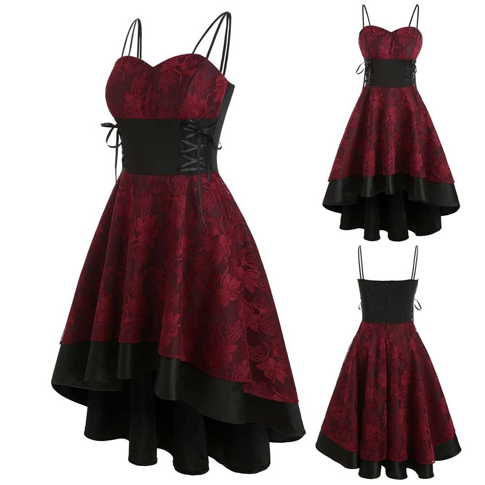 Gothic Punk Dresses for Women - Pleated Cami Midi Dress with Adjustable Drawstring Waist & Lace Spaghetti Straps | Vintage Aesthetic, Alternative Fashion, Perfect for Concerts, Parties & Halloween Costumes