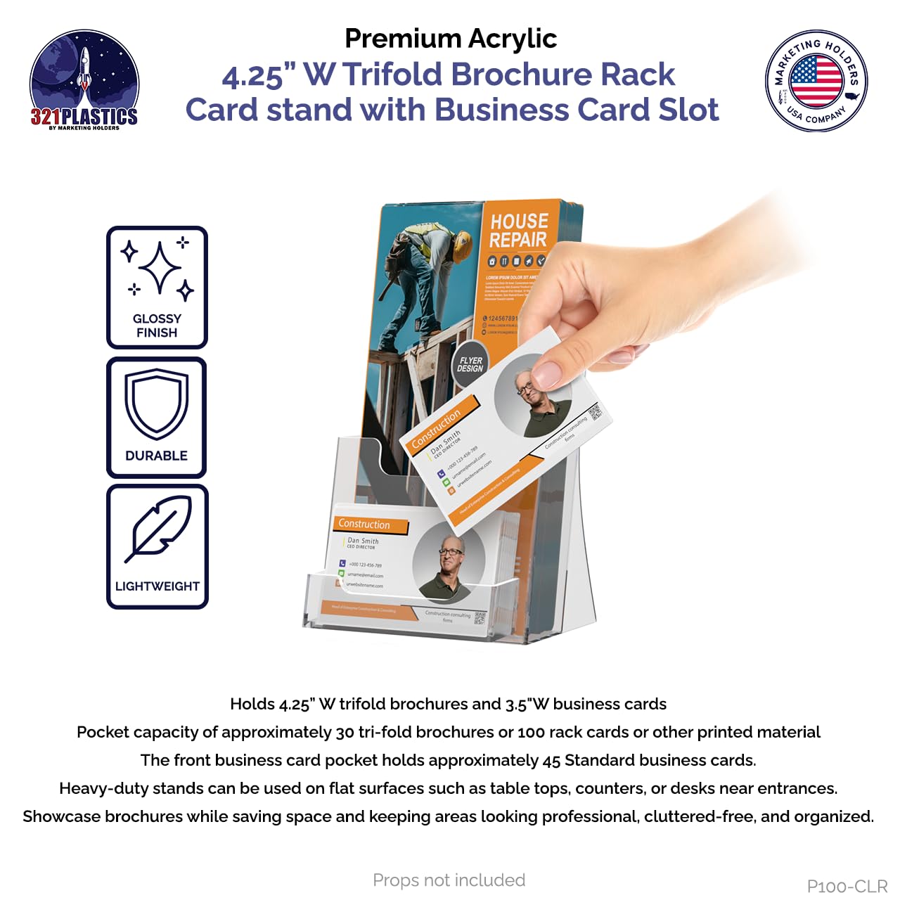 50 Pack Clear Acrylic Brochure Holders with Card Slot - 4.25