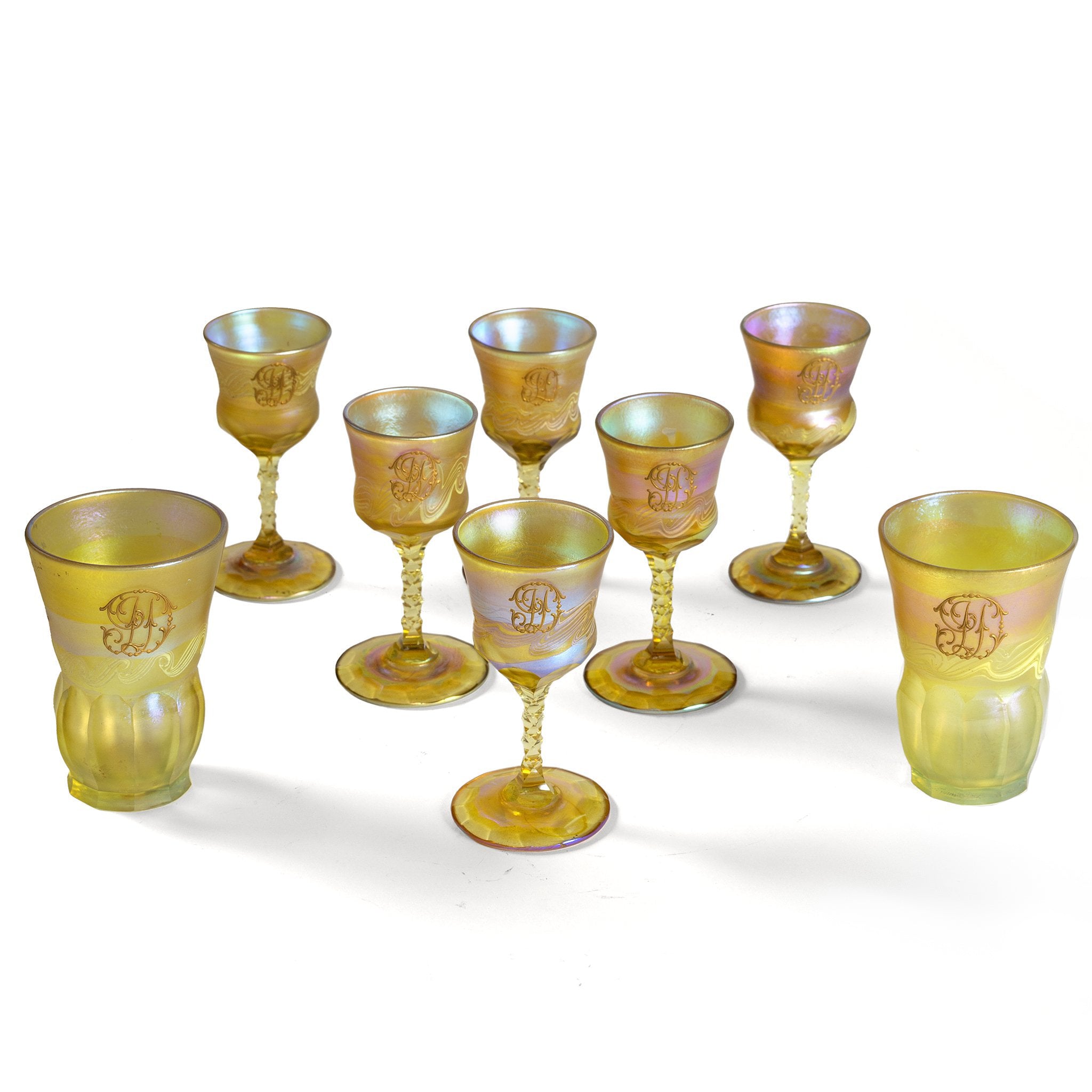 Tiffany Studios New York Favrile Glass Cups and Cordials Set - Handcrafted Art Glassware for Elegant Home Decor, Dinner Parties & Gift Giving