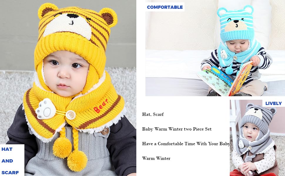 Adorable Baby Winter Hat & Scarf Set for 6-36 Months - Knitted Beanie with Earflaps & Chin Strap, Fleece-Lined Toddler Ear Warmer & Neck Warmer - Perfect for Girls & Boys Outdoor Winter Activities, Snow Play & Cold Weather Protection