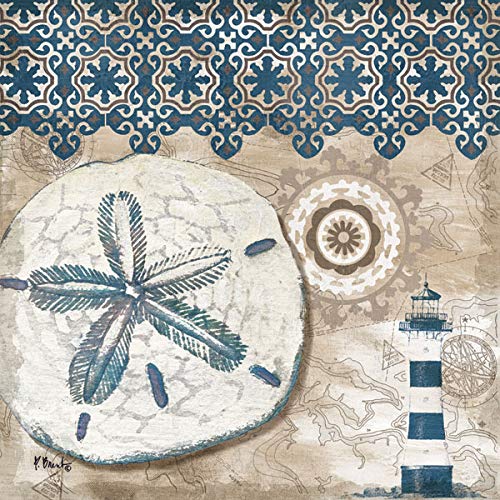 4 Blue & Brown Ocean Seashell Sand Dollar Starfish Collage Poster Prints - Nautical Wall Decor - Set of Four 12x12 Inch Framed Art Prints Ready to Hang - Perfect for Beach House, Coastal Living Room & Bathroom Decor