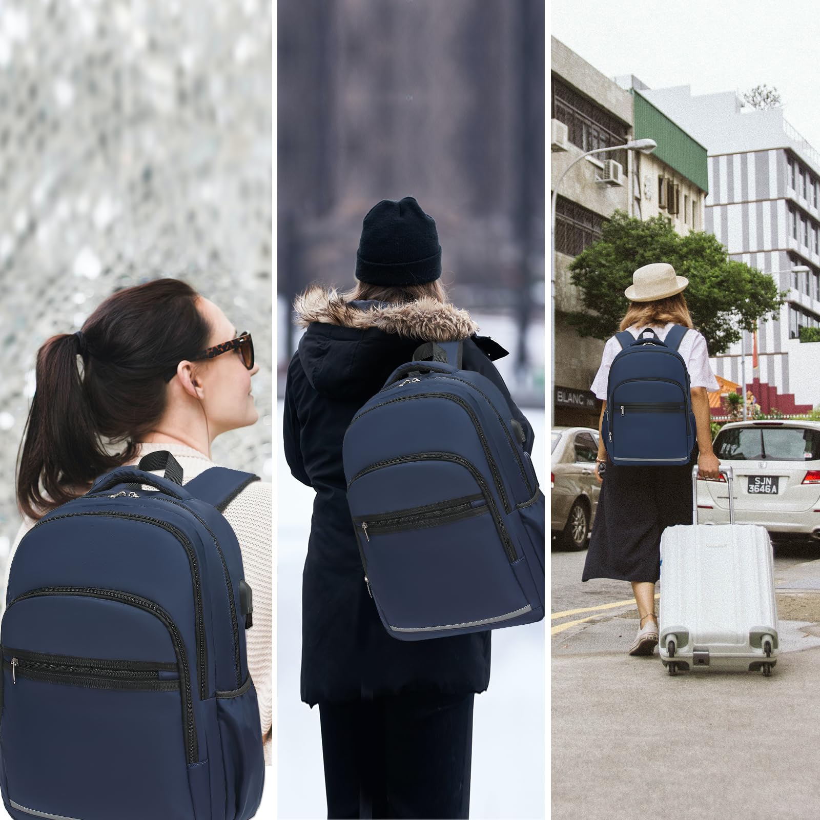 Bluboon Women's 15.6 Inch Laptop Backpack - Waterproof College School Bookbag with USB Charging Port & Multiple Compartments for Business Travel, Work & Daily Commute (Dark Blue)