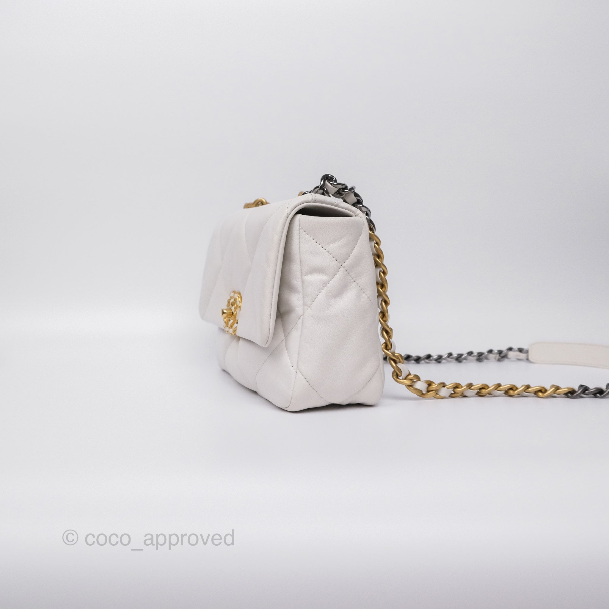 Chanel 19 Small White Leather Flap Bag with Mixed Gold & Silver Hardware - Perfect for Everyday Luxury & Special Occasions