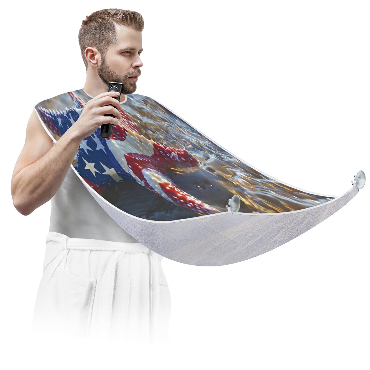 Starfish American Flag Beard Bib for Men - Waterproof Shaving Apron with Ocean Design, Hair Dye Cape for Women & Barber Accessories - Perfect for Beard Trimming, Haircut, Makeup & Salon Use - Great Gift for Barbers & Stylists