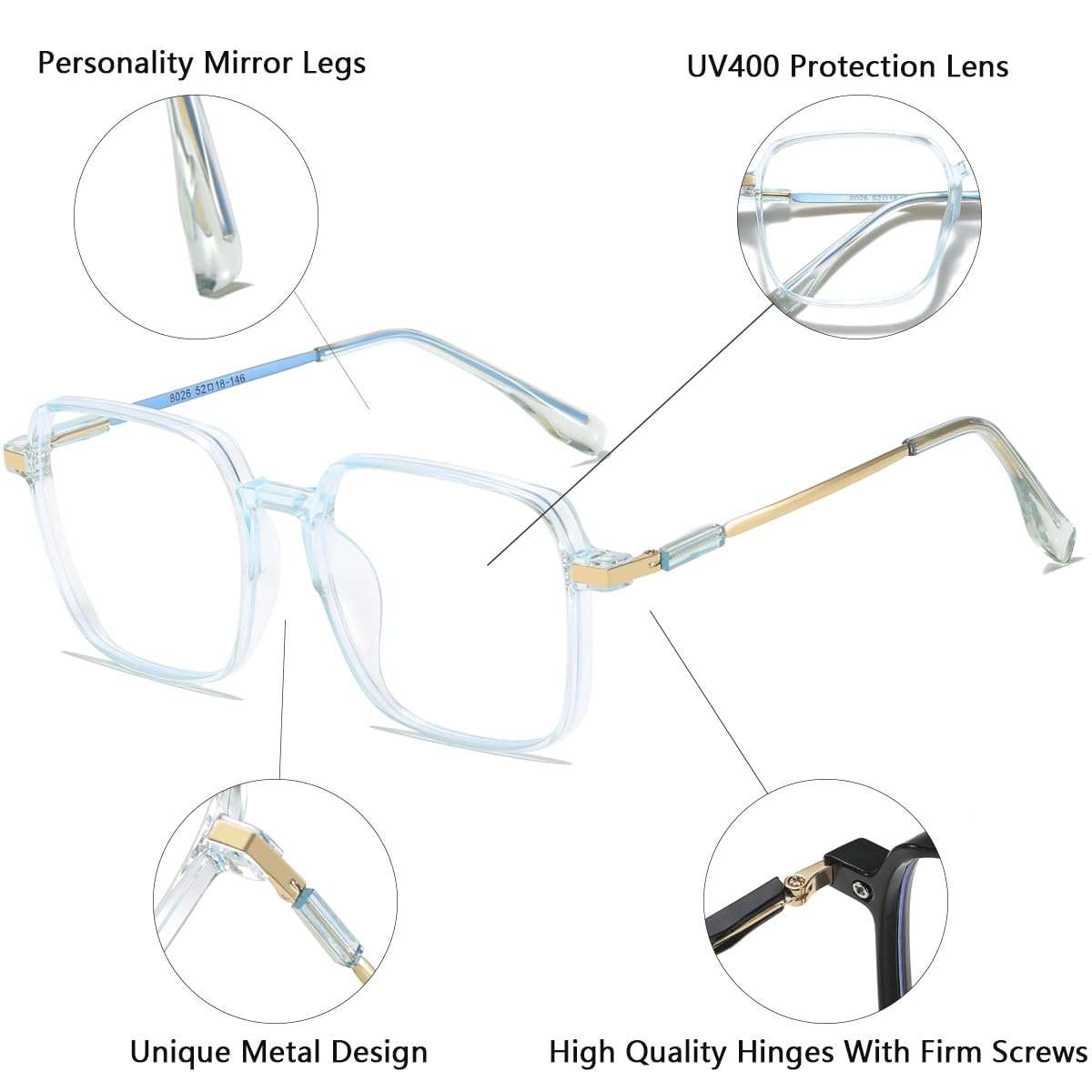 Premium Square Blue Light Blocking Glasses for Women & Men - Reduce Eye Strain from Screens - Ideal for Computer Work, Gaming & Digital Device Use
