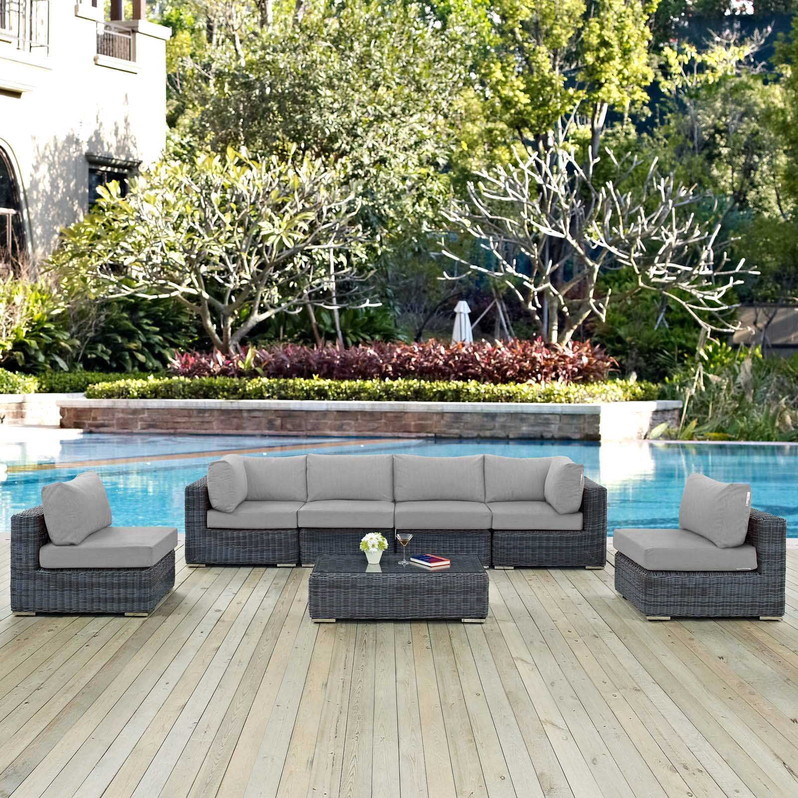 Modern Contemporary Outdoor Patio Lounge Sectional Sofa Set - Rattan Wicker Furniture in Gray - Perfect for Backyard, Poolside & Garden Relaxation
