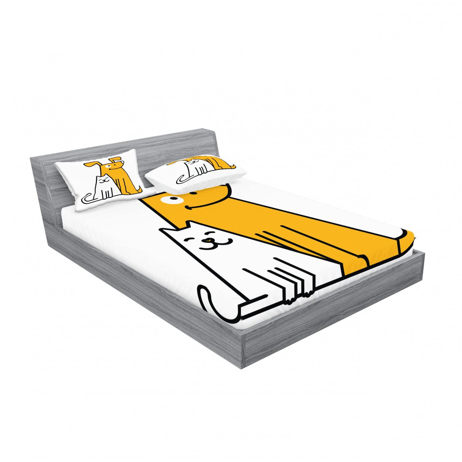 Ambesonne 2-Pack Cartoon Cat and Dog Fitted Sheet & Pillow Sham Set - 4 Piece Bedding Decor with 2 Twin XL Fitted Sheets & 4 Pillow Covers in Black, White & Apricot - Perfect for Kids' Rooms, Dorm Decor, and Pet Lover Gifts