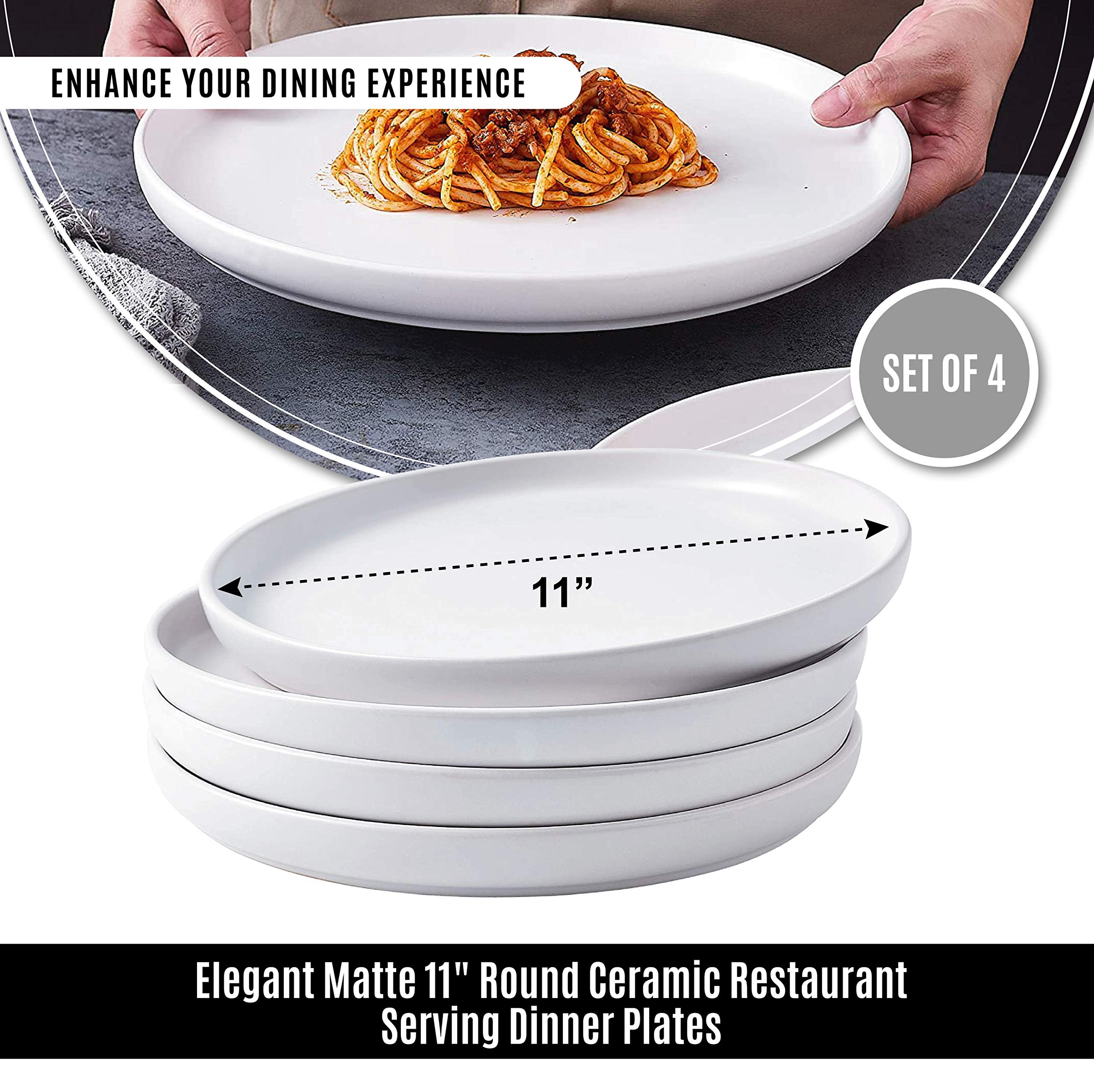 Bruntmor 11 Inch Ceramic Dinner Plates Set of 4 - Round White Pasta & Salad Plates - Oven & Dishwasher Safe Dinnerware - Perfect for Family Meals, Restaurants, and Dinner Parties