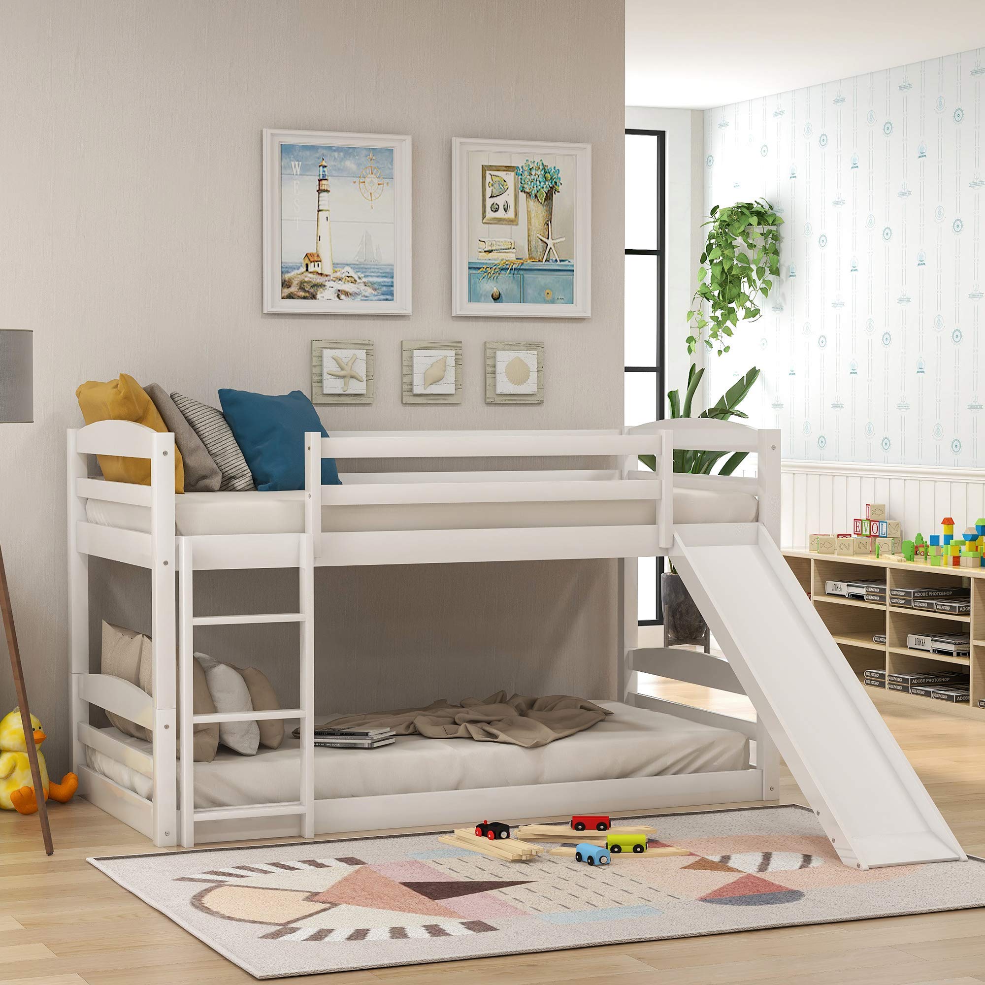 P PURLOVE Twin Over Twin Bunk Bed with Slide - Wooden Floor Bunk Bed with Ladder for Kids - No Box Spring Needed - White - Perfect for Bedroom, Guest Room & Playroom Fun