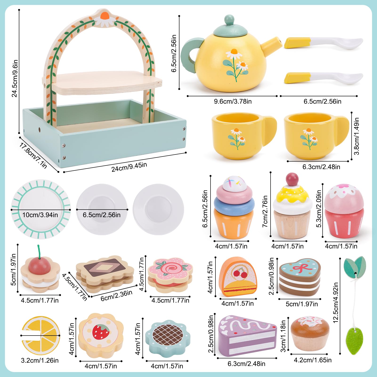 Wooden Tea Party Set for Kids - Pretend Play Tea Set with Cupcake Stand & Play Kitchen Accessories - Montessori Learning Toys for Toddlers Ages 3-6 - Perfect Birthday Gift for Girls (Great for Imaginative Play, Tea Parties & Role-Playing Games)