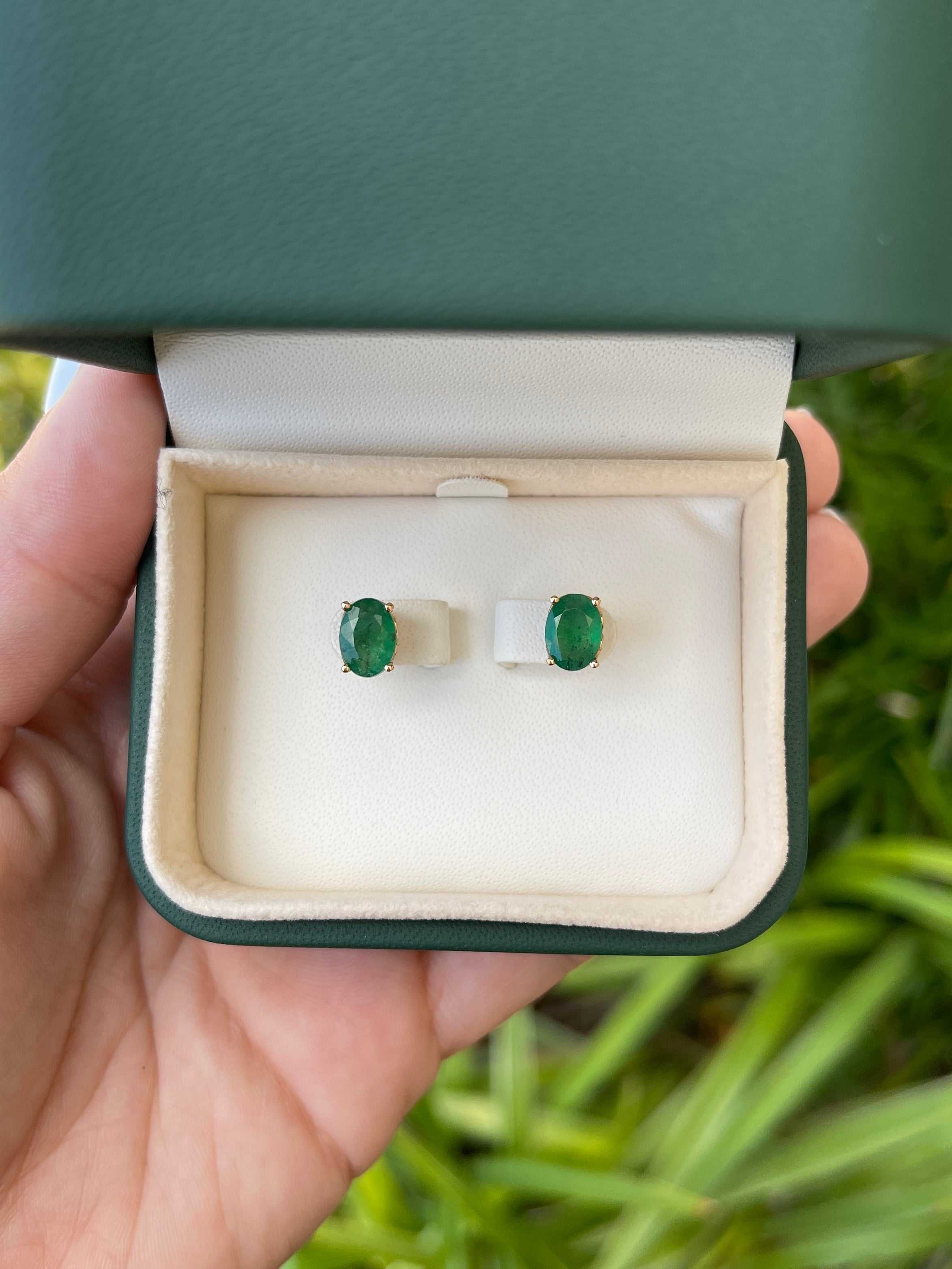 2.50tcw Oval Cut Dark Sea Green Emerald Earrings in 14K Gold - Fleur De Lis Design for Women, Gift for Anniversary, Wedding, or Special Occasion