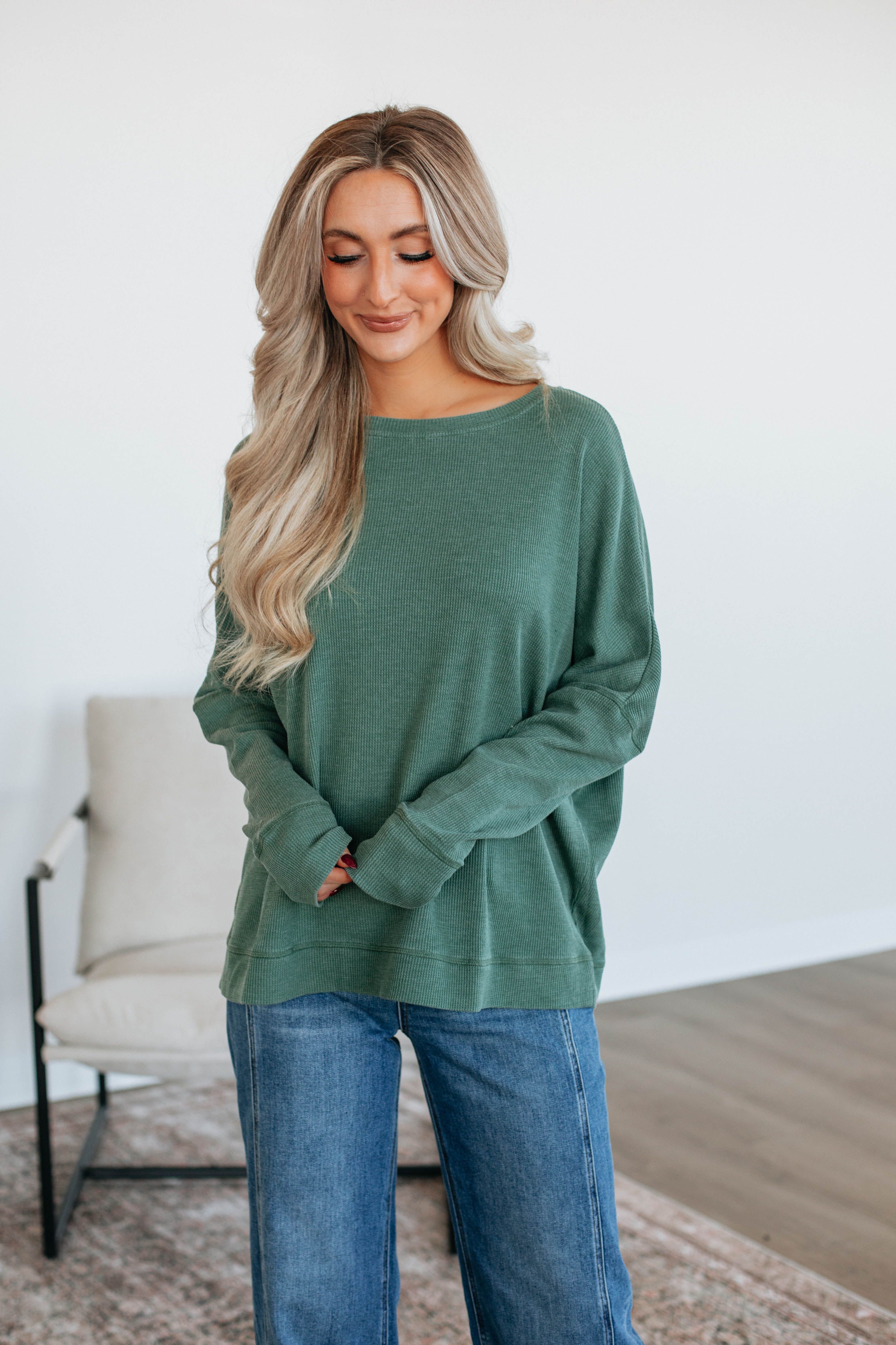 Breathable Waffle Knit Top for Women - Soft Basil Green Long Sleeve Shirt | Perfect for Layering, Casual Outfits & Fall Fashion