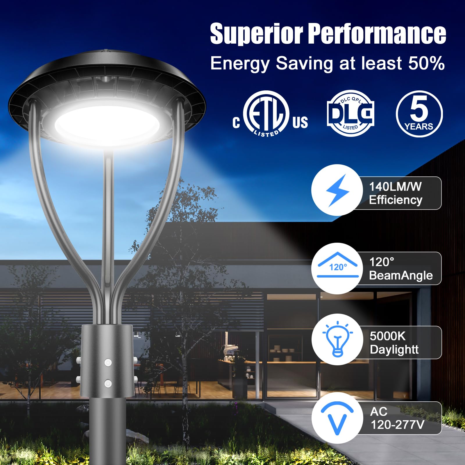 150W LED Post Top Light with Photocell Sensor - Adjustable 150W/120W/90W, 21,000 Lumens, 5000K Daylight - IP65 Waterproof Outdoor Pole Light for Garden, Yard, Pathway & Street Lighting - ETL & DLC Certified (AC100-277V) - Perfect for Residential & Commercial Landscape Illumination