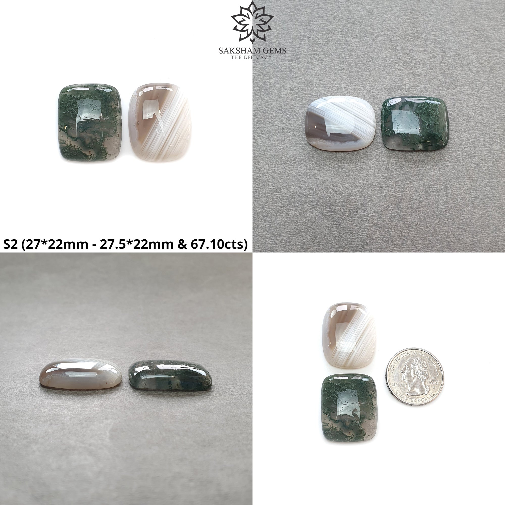 Natural Untreated Botswana & Moss Agate Labradorite Gemstone Cabochon - Bi-Color Cushion Round Shape 2pc Set for Jewelry Making, Wire Wrapping & Healing Crystals