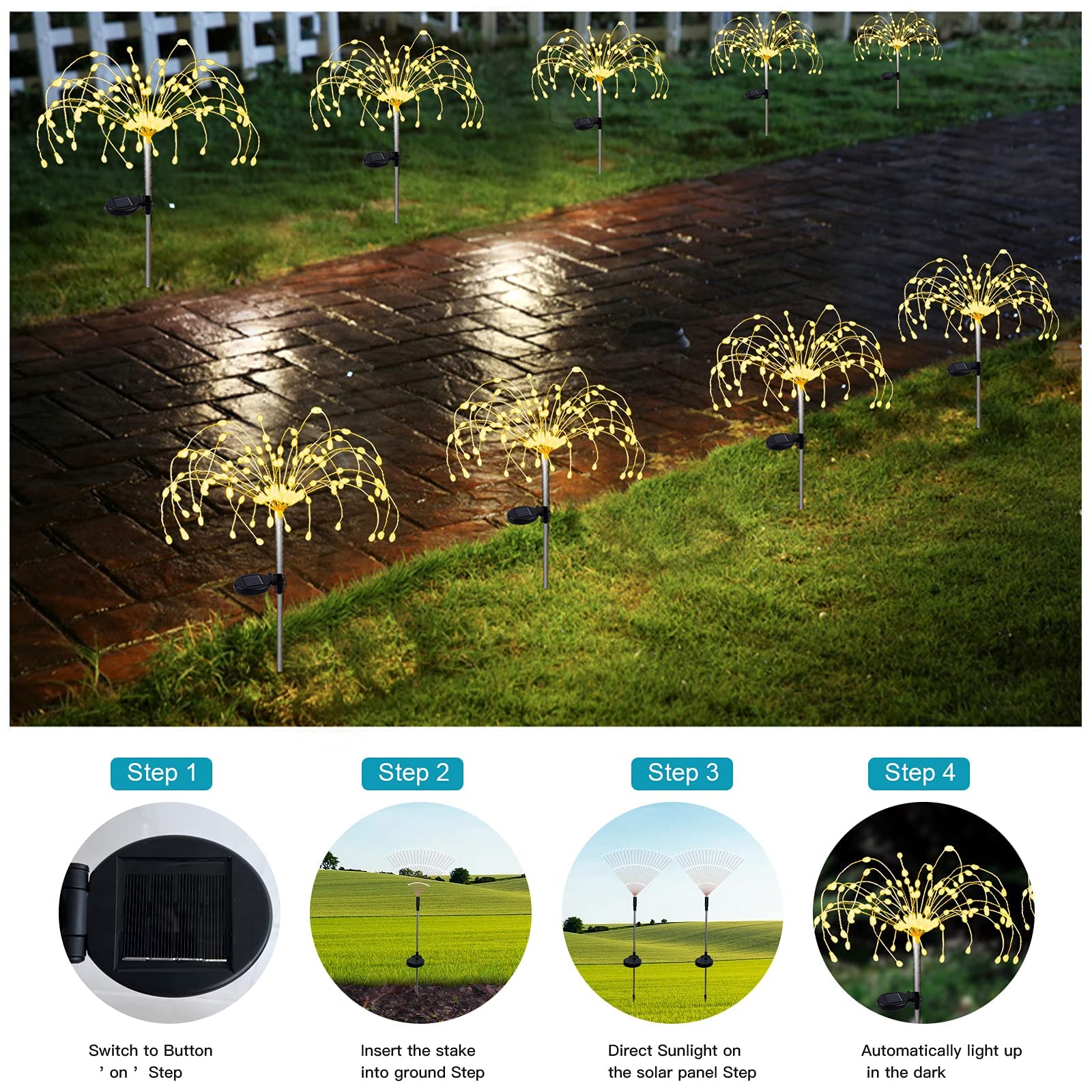 XVZ Solar Garden Lights - 2 Pack 120 LED Solar Powered Firework Lights with 2 Modes, Waterproof Outdoor Decorative Lighting for Walkway, Pathway, Backyard, Christmas & Party Decor (Warm White) - Perfect for Landscape Lighting, Patio Ambiance & Holiday Celebrations