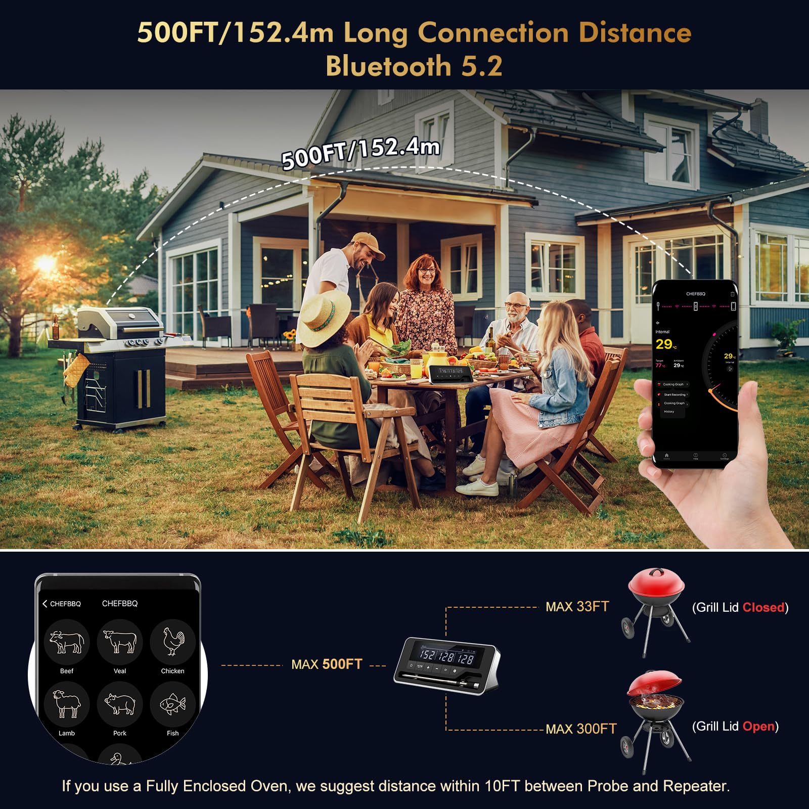 Smart Wireless Meat Thermometer with 5mm Ultra-Thin Probe - Bluetooth BBQ Thermometer with Large LCD Display for Grilling, Smoking, Baking & Air Frying - Perfect for Steak, Turkey, Chicken & Home Cooking (Single Probe)