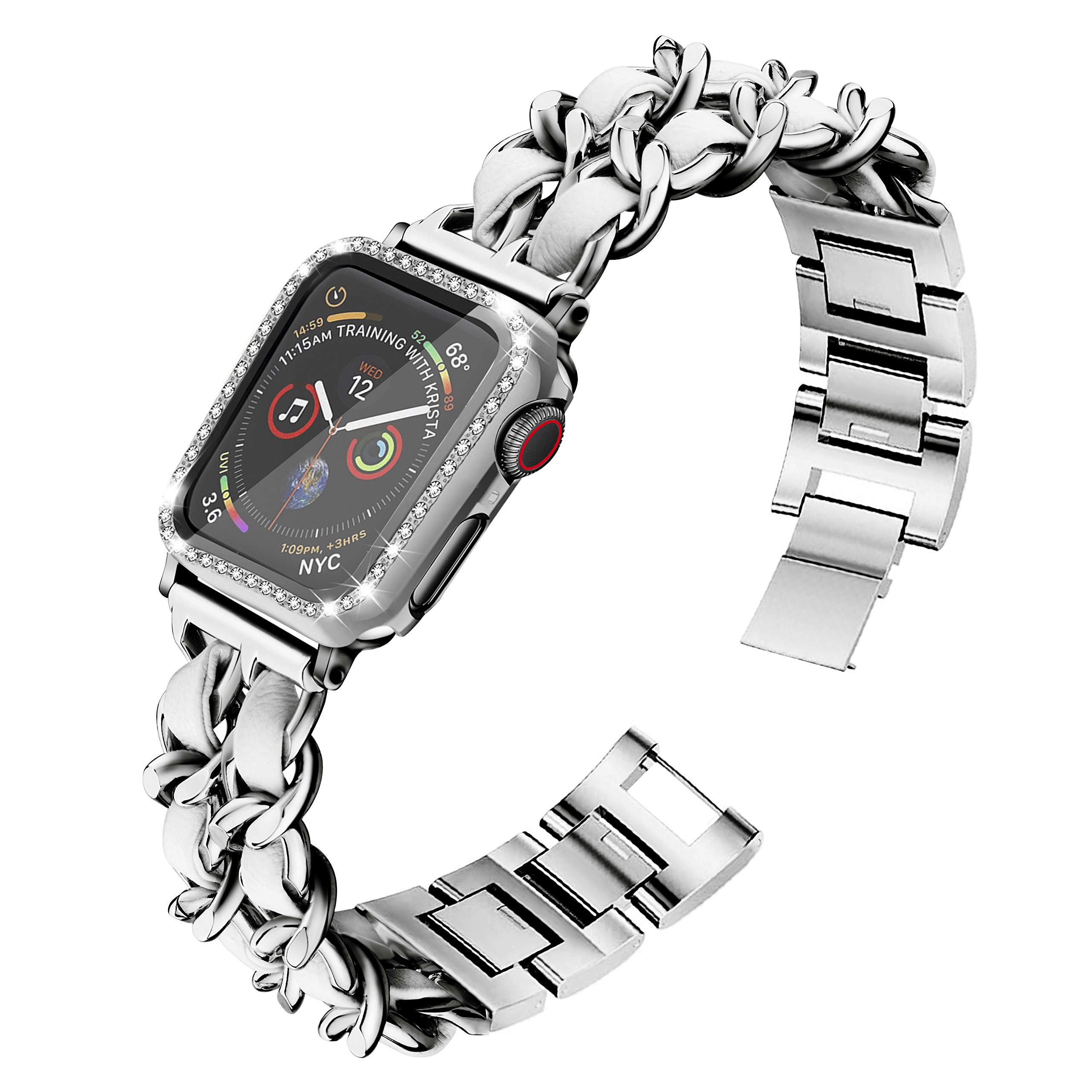 Mosonio Luxury Metal & Leather Apple Watch Band 44mm Compatible with Series SE/6/5/4 - Silver Link Bracelet with White Leather Strap + 2-Pack Screen Protectors & Case - Elegant Jewelry Replacement Band for Women | Perfect for Work, Parties & Everyday Wear