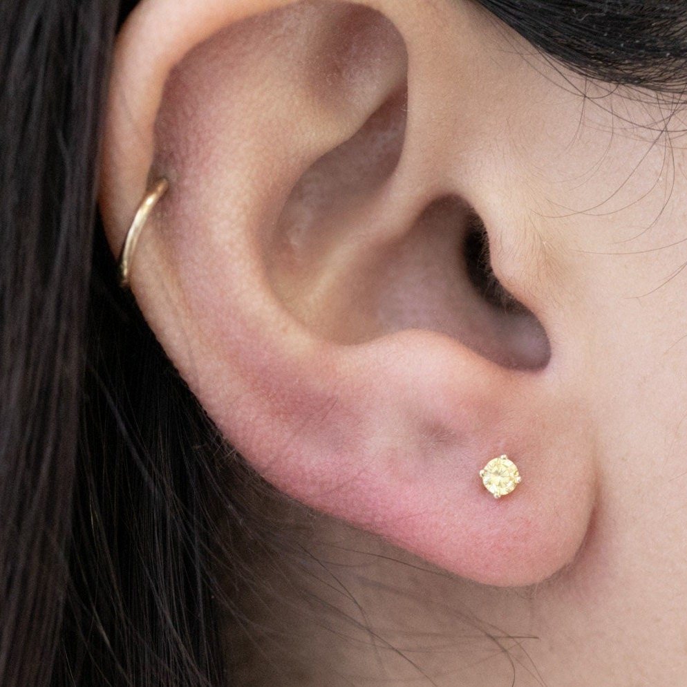 14k Yellow Gold Citrine Cartilage Flat Back Stud Earrings - Dainty & Elegant Piercing Jewelry for Women, Perfect for Everyday Wear & Special Occasions