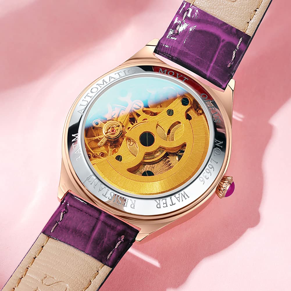 OLEVS Automatic Women's Watches - Luxury Diamond Dial Ladies Watch with Genuine Leather Strap, Self-Winding Mechanical Movement, 50M Waterproof - Perfect for Business, Party & Everyday Wear