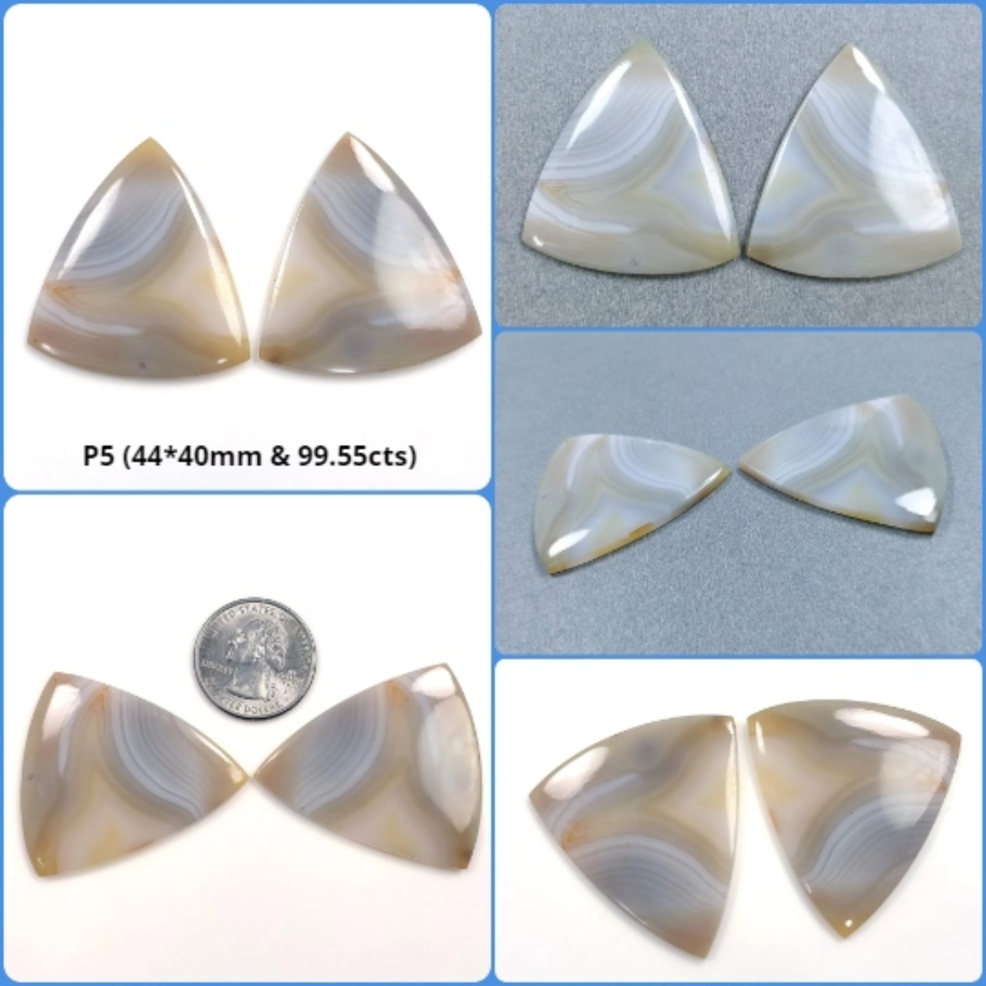 Natural Untreated Botswana Agate Gemstone Cabochon - Bi-Color Agate Trillion & Unique Shape Pair (2pcs) for Jewelry Making, Wire Wrapping & Healing Crystal Collection