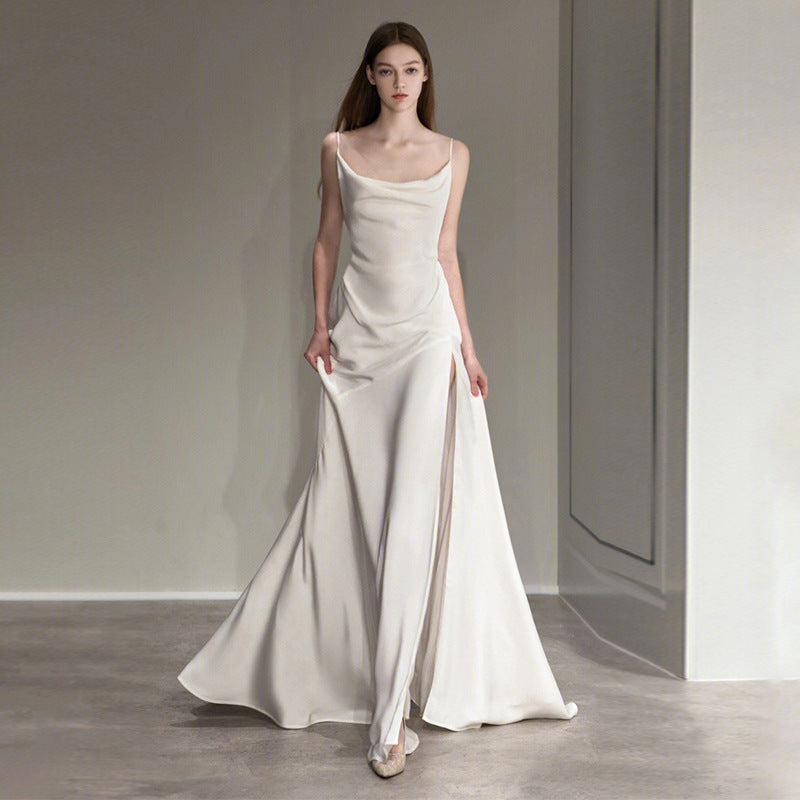 Elegant White Satin French Spaghetti Strap Long Prom Dress with V Back - Perfect for Weddings, Formal Events & Evening Galas