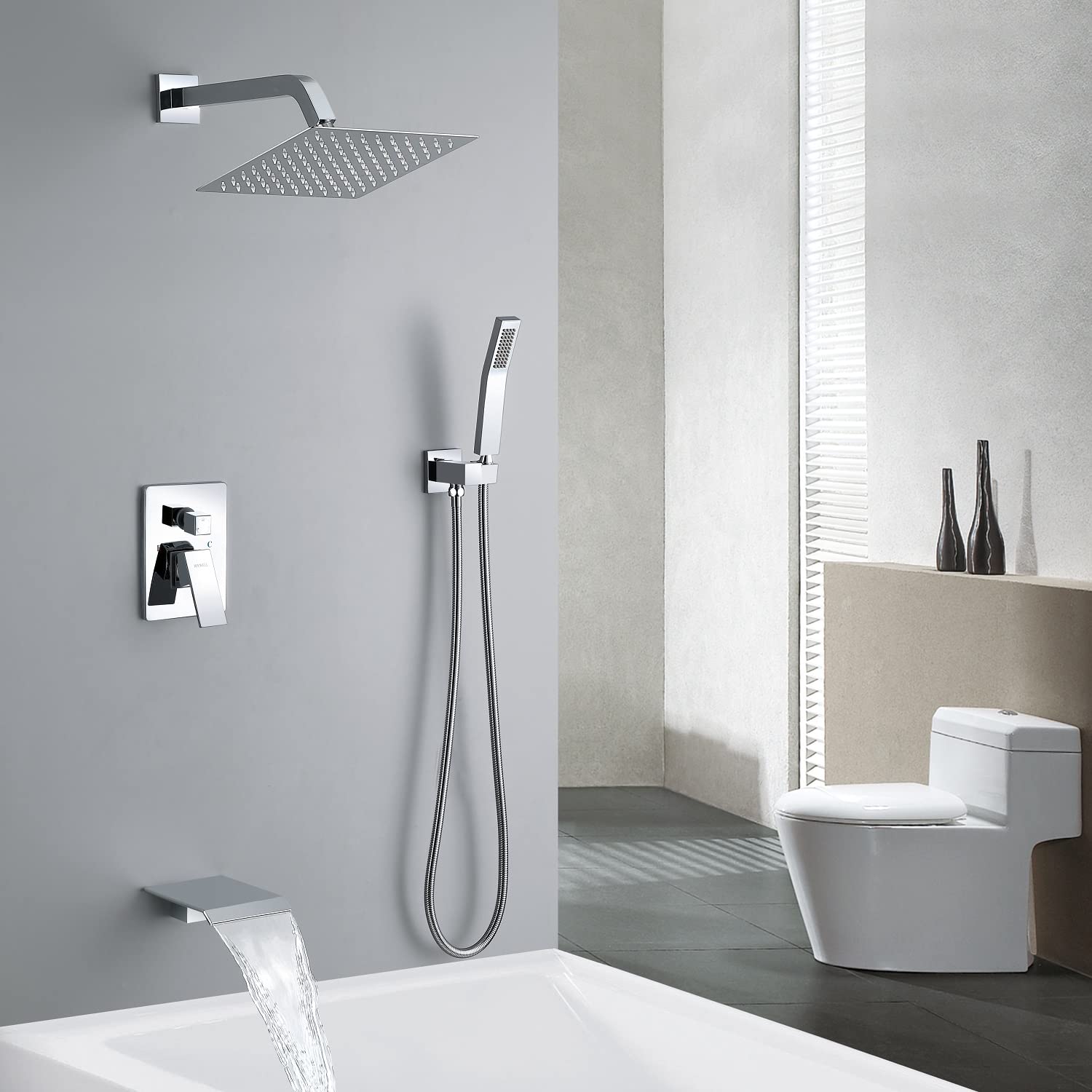 Polished Chrome 10-Inch Rain Shower Faucet Set with Handheld Spray & Tub Spout - Complete Bathtub Shower System for Luxury Bathrooms | Perfect for Master Bath Renovation & Spa-Like Experience