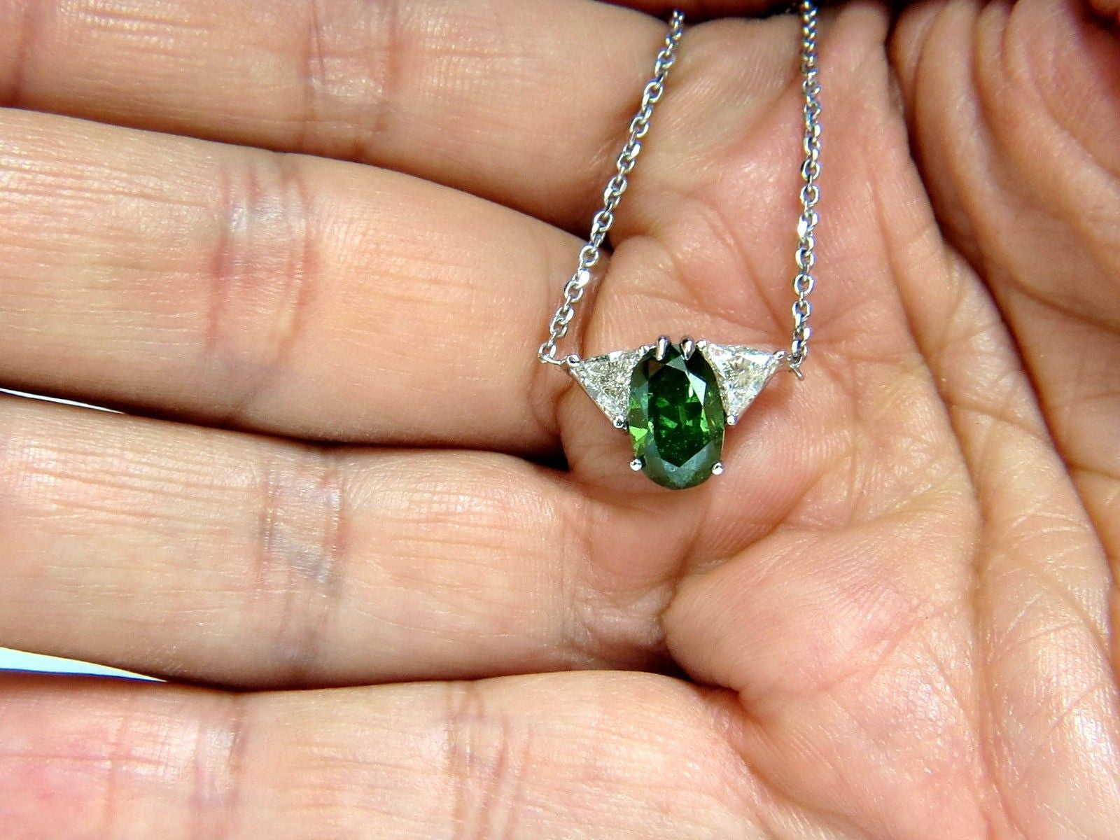3.26CT Enhanced Fancy Green Diamond Necklace with Side Trilliants in 14K Gold - Elegant Jewelry for Weddings, Anniversaries & Special Occasions
