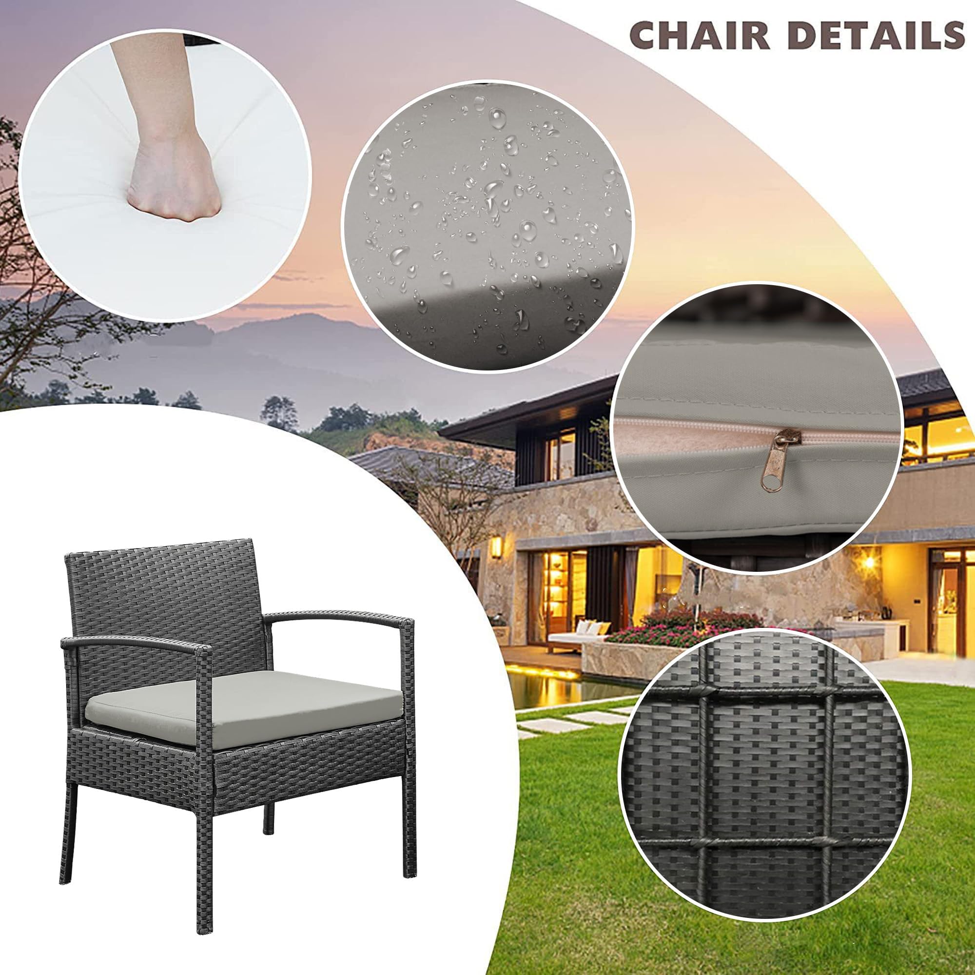 PROHIKER 3-Piece Patio Rattan Chair Set, Outdoor Wicker Conversation Furniture for Garden, Porch, Balcony & Yard - Gray - Perfect for Relaxing, Entertaining & Outdoor Dining