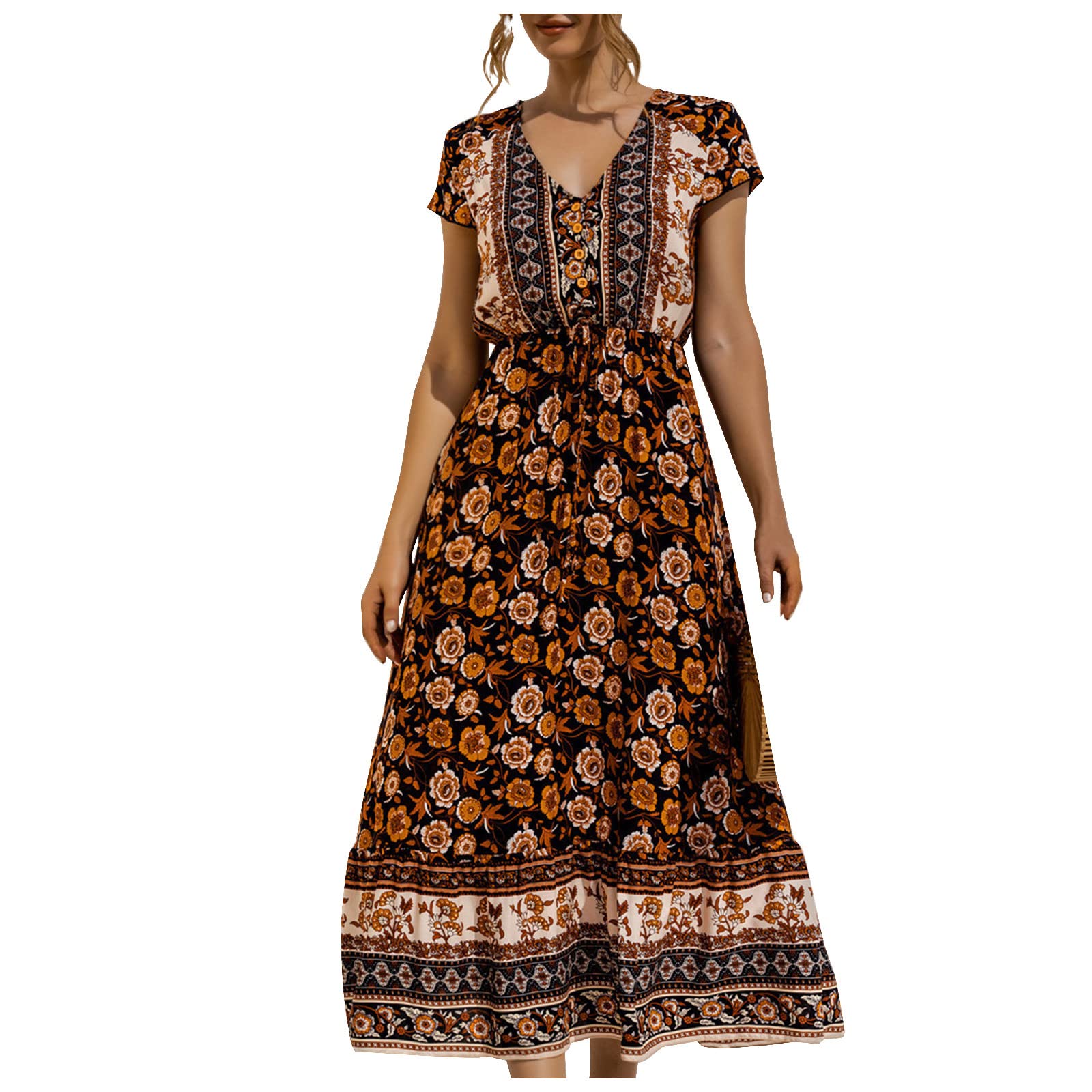 Floral Boho Maxi Dress - Fashion Casual Wrap V-Neck Short Sleeve Summer Dress for Beach, Vacation & Outdoor Parties | Women's Bohemian Flowy Dress