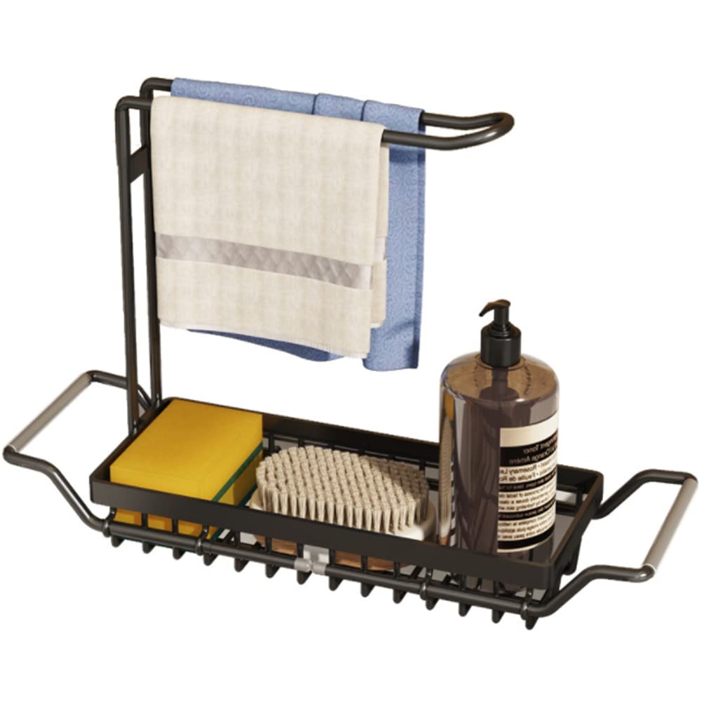 Stainless Steel Kitchen Sink Rack - Telescopic Dish Drying Rack with Towel Holder, Soap, Sponge & Brush Storage Organizer for Kitchen or Bathroom (Black, Large) - Ideal for Small Spaces & Countertop Organization