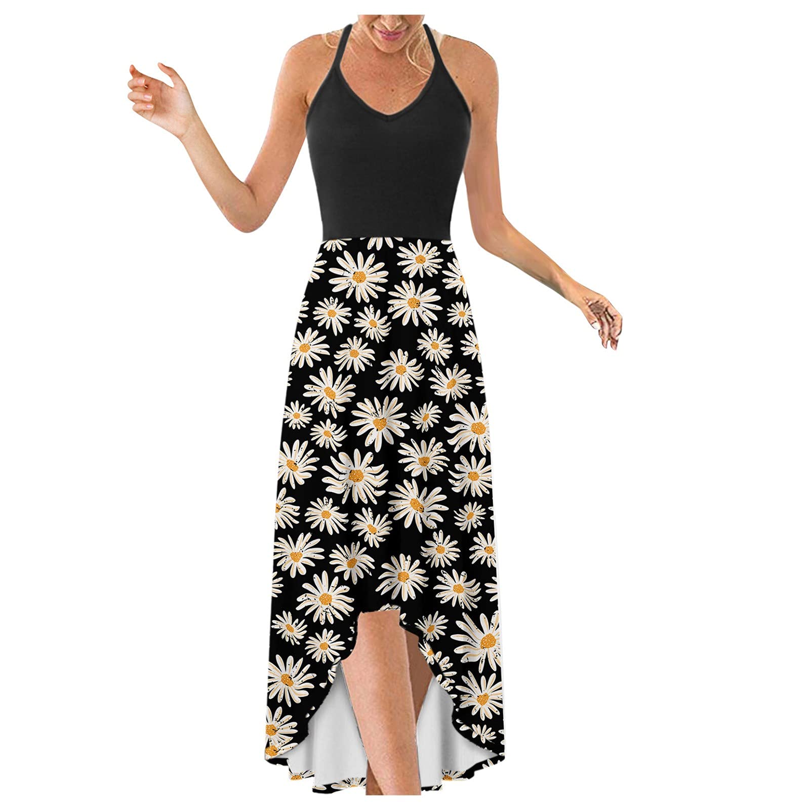 Smooto Women's Black Maxi Dress - V-Neck Sundress for 8th Grade Graduation, Beach & Summer Wear (Black, Size XL)