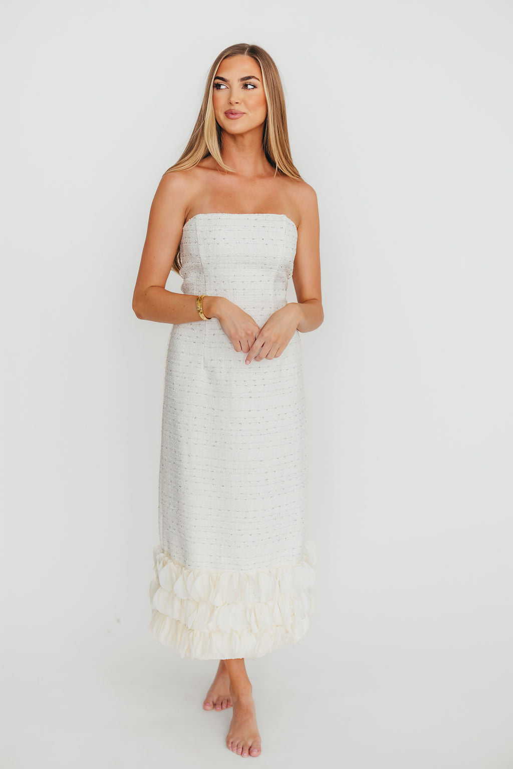 Whitney Tweed Strapless Maxi Dress in Off White - Elegant Formal Gown for Weddings, Parties & Special Occasions
