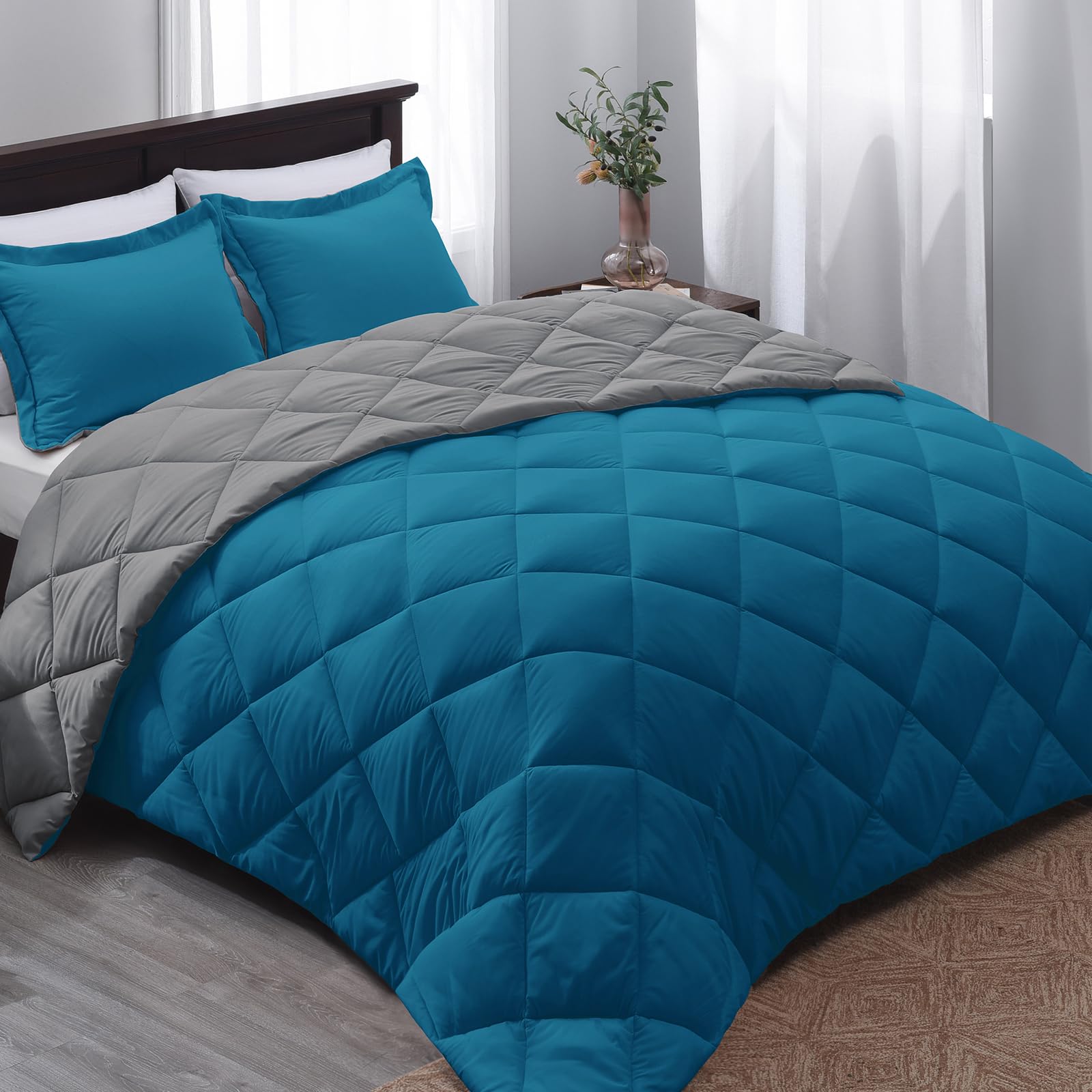 Premium Queen Comforter Set - Reversible All-Season Bedding in Algiers Blue/Charcoal Gray | 88