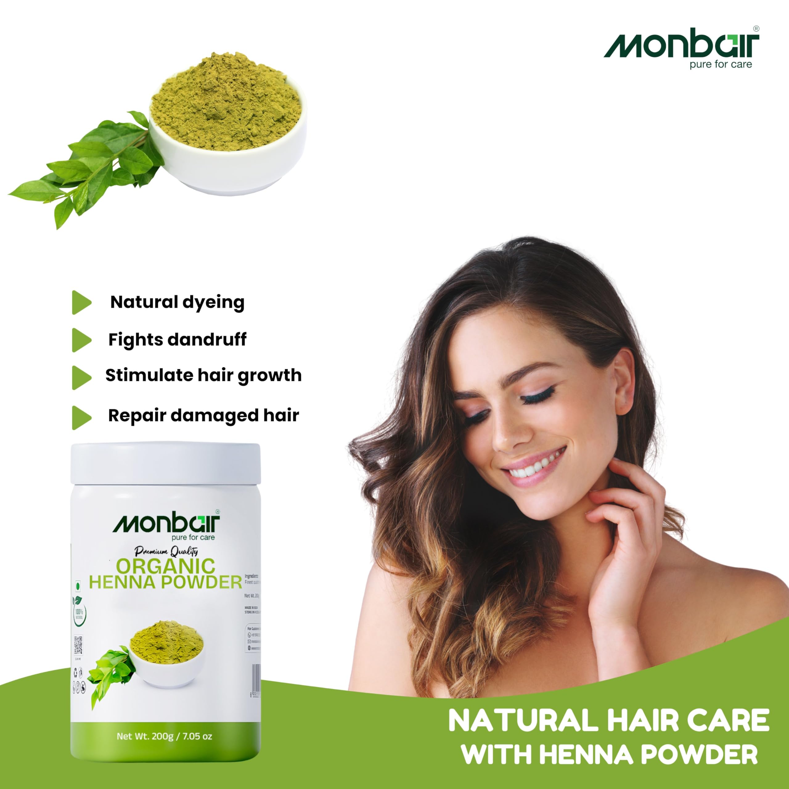 MONBAIR 100% Natural Organic Henna Powder for Hair - 200g | Chemical-Free Hair Care for Men & Women | Promotes Hair Growth & Color | Perfect for DIY Hair Treatment & Natural Dyeing at Home