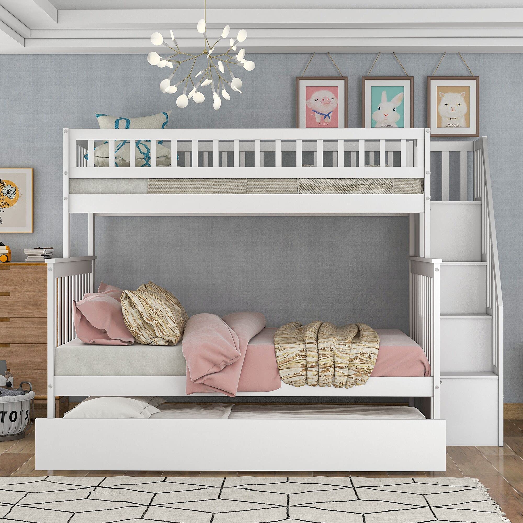 Harper & Bright Designs Twin Over Full Bunk Bed with Trundle, Stairs & Storage - Solid Wood Kids Bunk Bed with Full-Length Safety Rails - Space-Saving Solution for Small Rooms, Sleepovers & Guest Bedrooms (White)