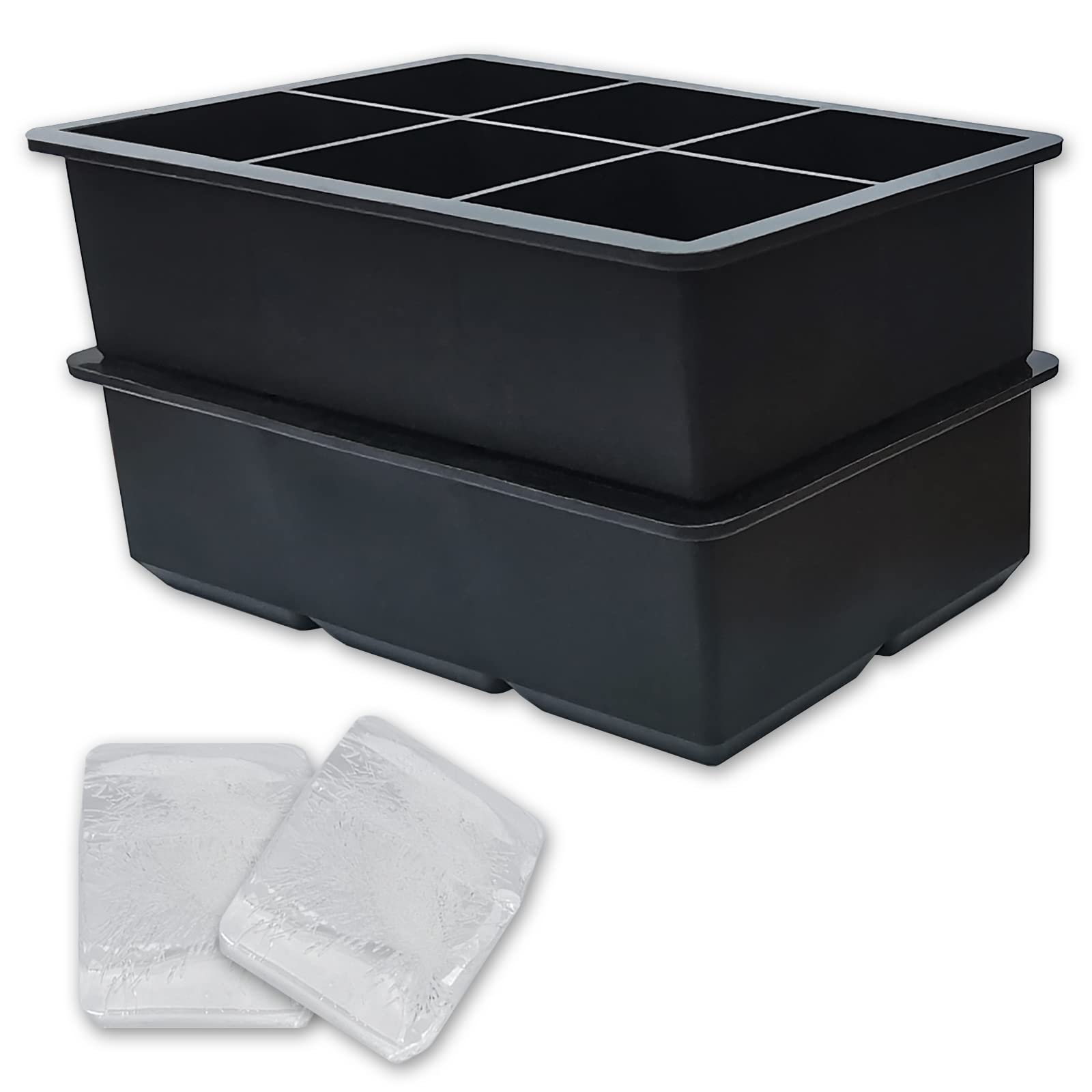 2 Pack Silicone Ice Cube Trays with Easy-Release - Flexible 6-Cube Molds, Stackable Freezer Trays for Large 4.8 Inch Ice Cubes - Perfect for Cocktails, Whiskey, Juice & Baby Food - BPA Free - Ideal for Home Bars, Parties & Everyday Beverages