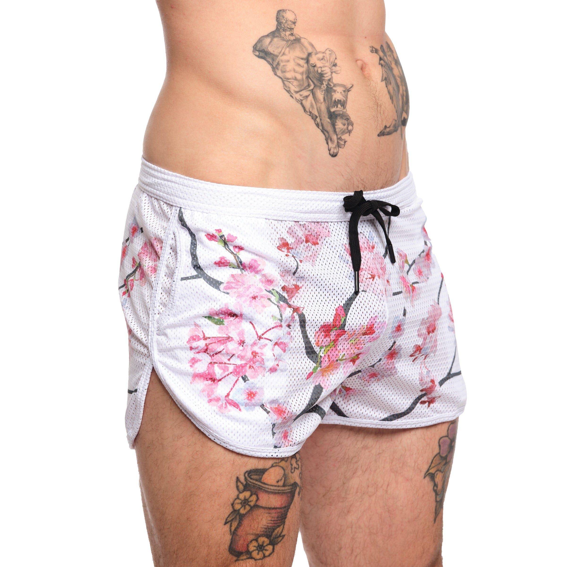 Cherry Blossom Mesh Shorts in White - Floral Lace Athletic Running Shorts for Women | Perfect for Yoga, Gym Workouts & Summer Fashion
