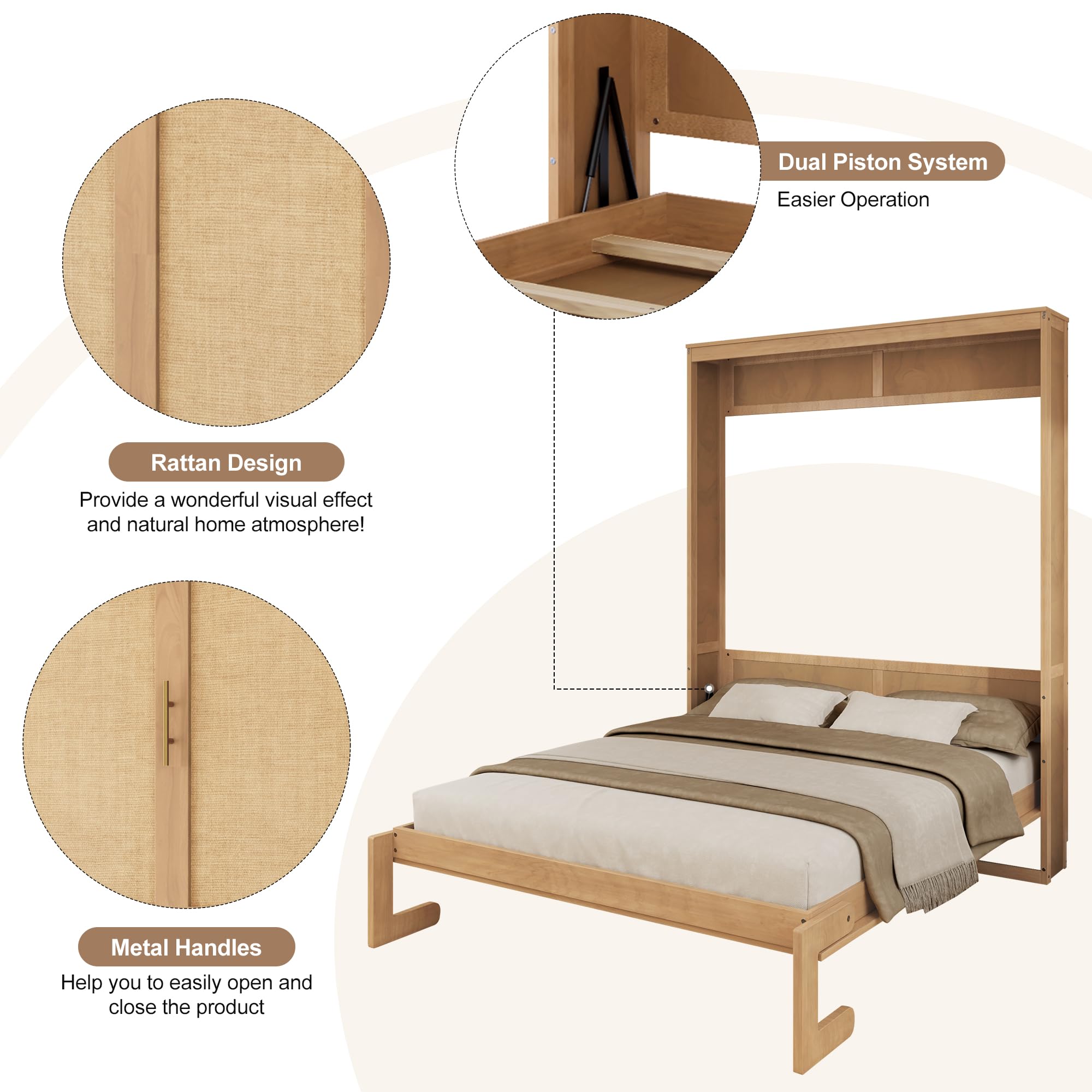 HABITRIO Full Size Murphy Bed with Solid Wood Frame and Rattan Cabinet - Space Saving Wall Bed for Guest Room, Home Office, or Small Apartments - Natural Finish