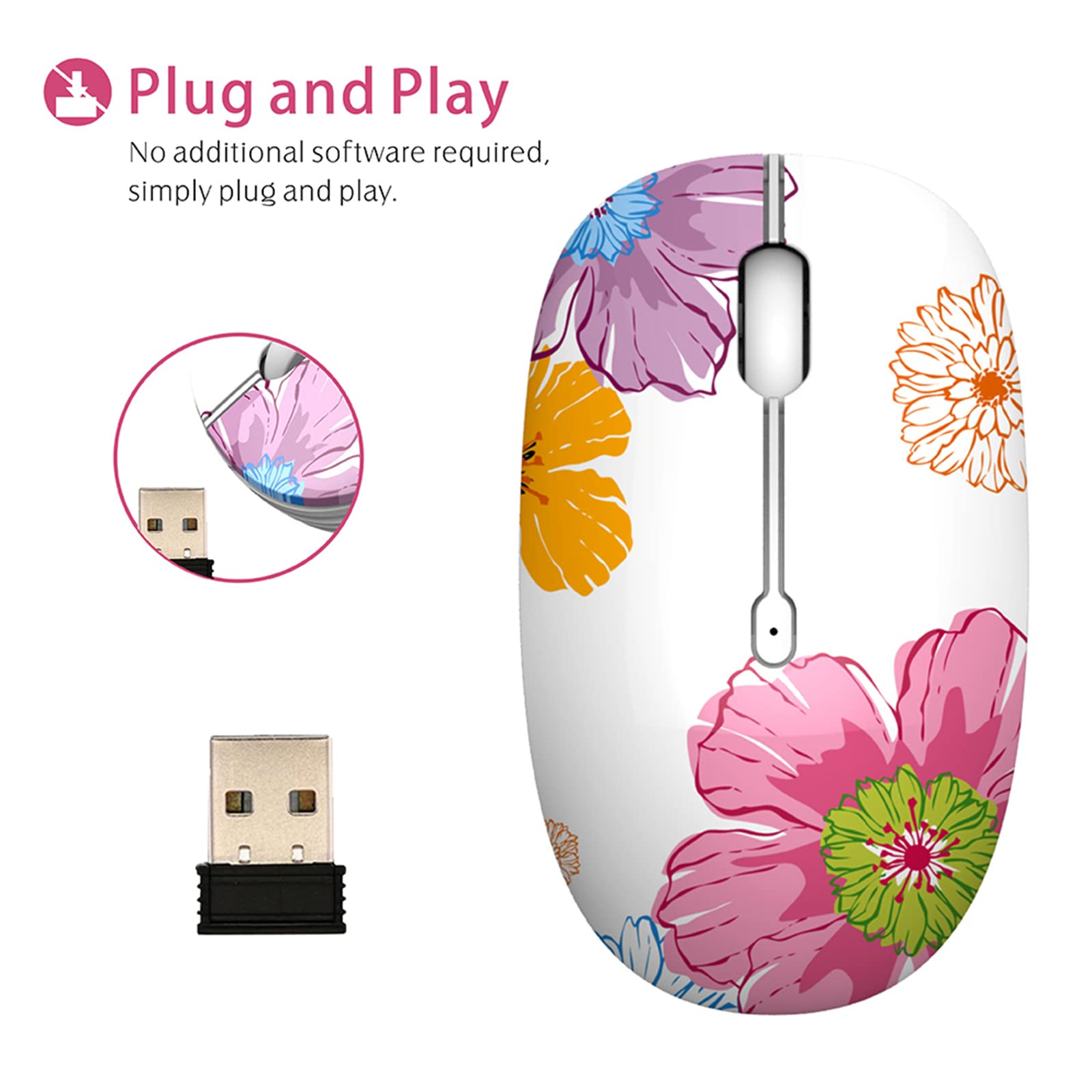 TENMOS M101 Wireless Mouse - Silent Cute 2.4G Optical USB Mouse with 1600 DPI for Laptop, Notebook, PC - Portable Travel Computer Mouse (Flower Design) - Perfect for Office, Home, Gaming & On-the-Go Use