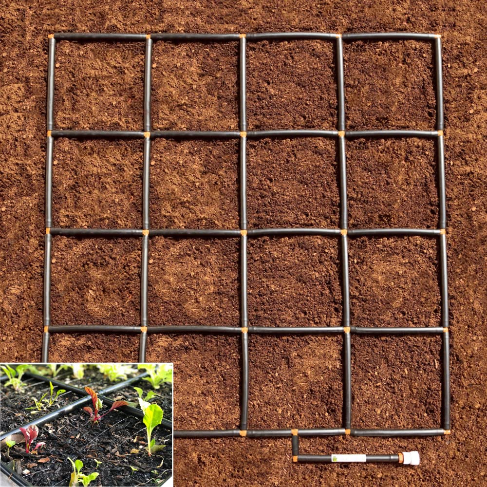 Preassembled 4x4 Garden Grid Watering System Kit - Drip Irrigation, Soaker Hose & Sprayer for Square Foot Gardening, Raised Beds, Planters & Containers (44