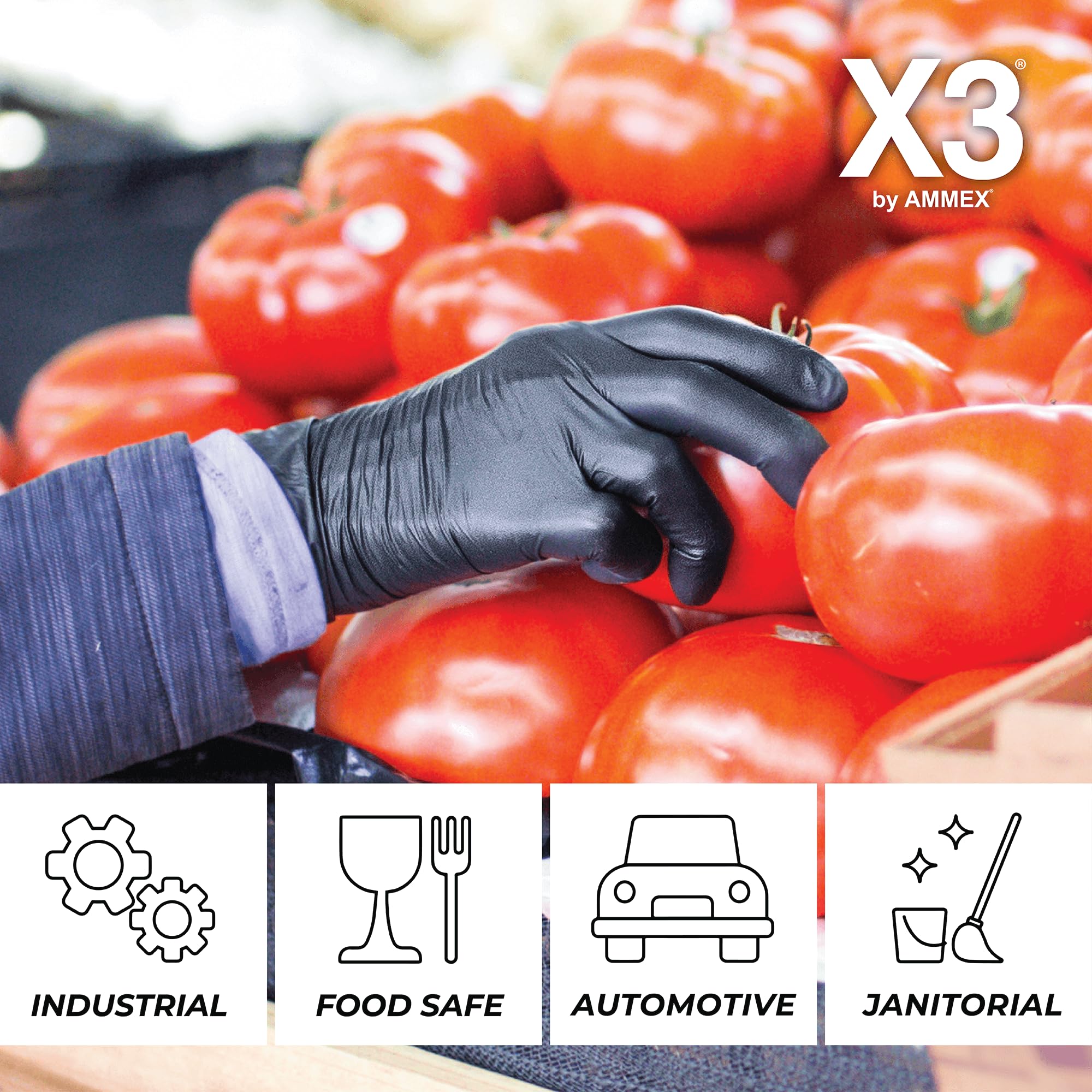 X3 Black Nitrile Disposable Industrial-Grade Gloves 3 Mil - Latex Free, Powder Free, Food Safe, Non-Sterile, Textured Grip - Perfect for Food Handling, Medical Use, Cleaning & Industrial Work