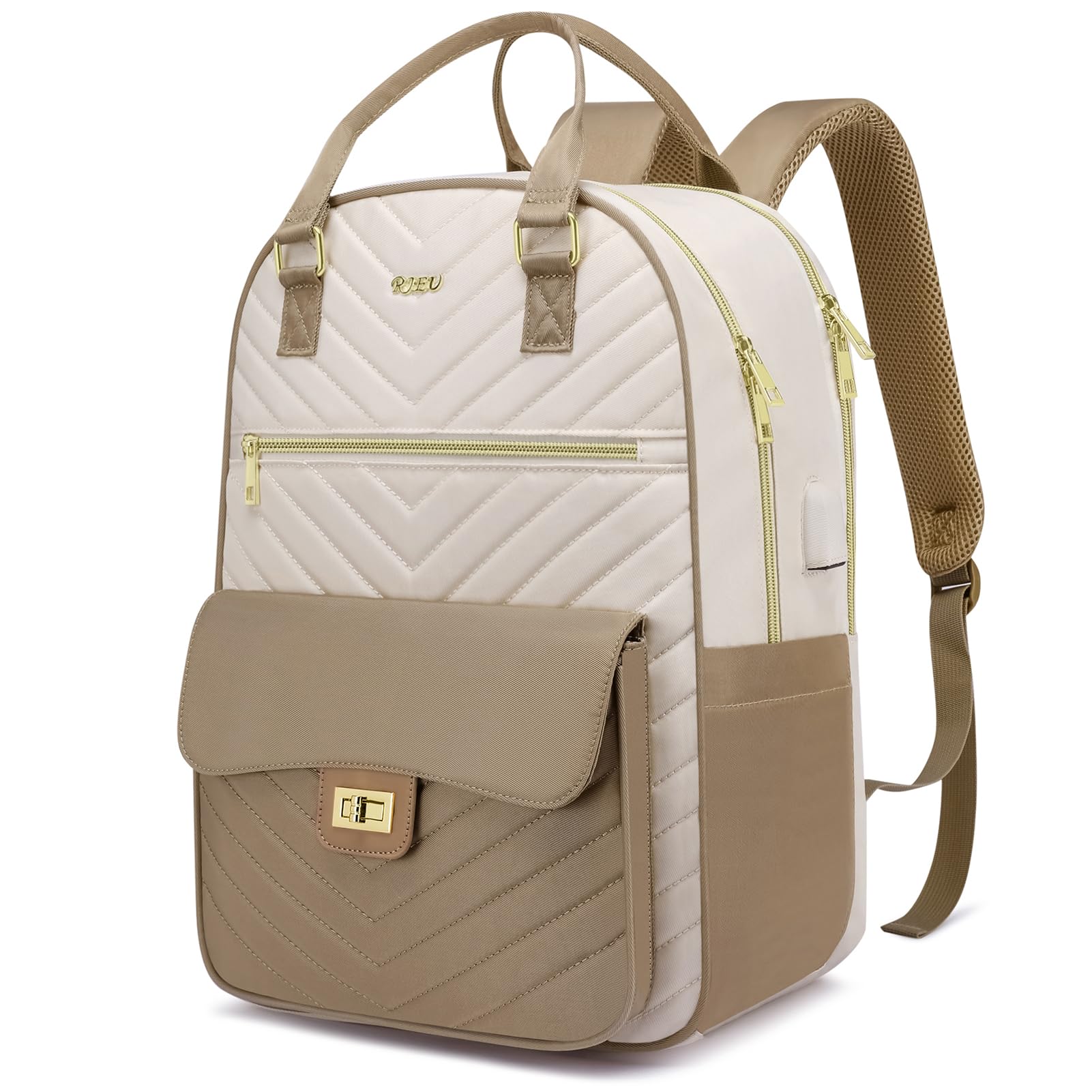 Women's Laptop Backpack with USB Charging Port - Waterproof School Backpack for College, Travel & Work - Khaki Beige Computer Bag for Women & Girls | Perfect for University, Office & Business Trips
