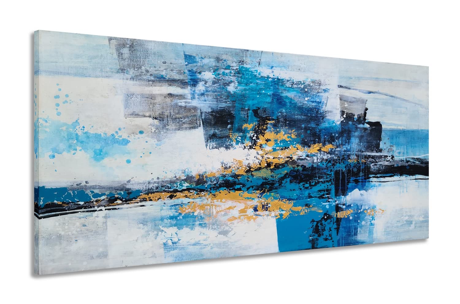 YHSKY ARTS Handmade Abstract Canvas Wall Art - Modern Blue & Gold Oil Painting - Large Contemporary Wall Decor for Living Room, Bedroom, Dining Room | Perfect for Home & Office Interior Design