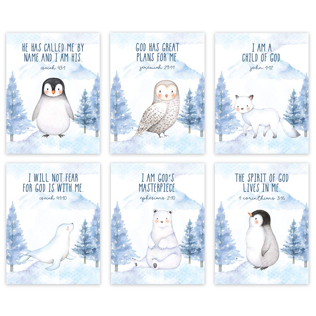 Christian Bible Verses Wall Art - 6-Pack Unframed Posters (8.5x11 Inch) with Arctic Snow Animals & Mountain Theme for Nursery, Kids Bedroom Decor - I Am a Child of God Penguin Design - Perfect for Sunday School, Baby Showers & Christian Home Decor