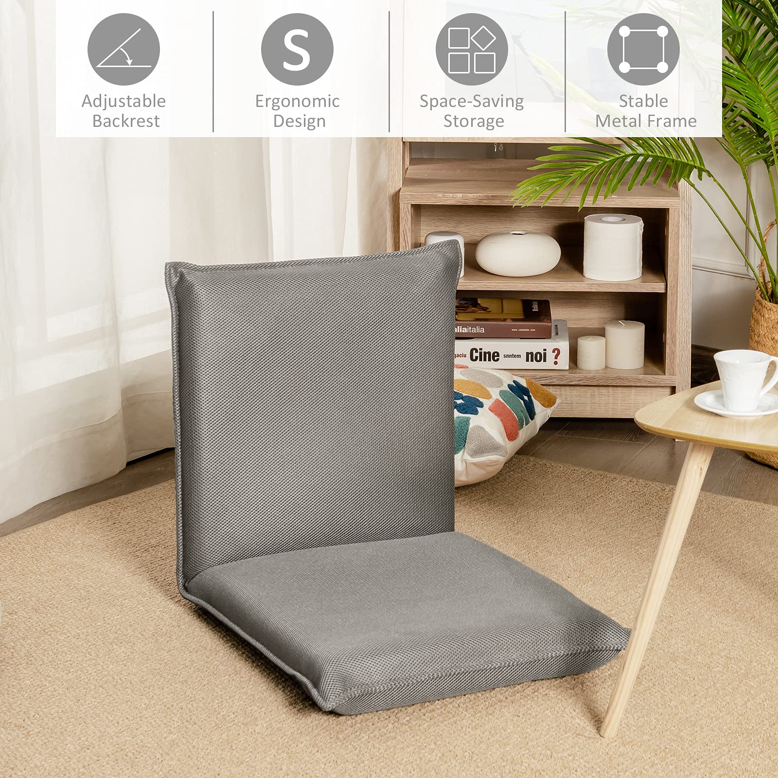 Giantex Adjustable Floor Chair with Back Support - 6 Position Reclining Gaming Chair, Padded Sleeper Bed for Video Games, Meditation, Reading & TV Watching - Comfortable Grey Seat for Living Room, Bedroom & Home Theater Use