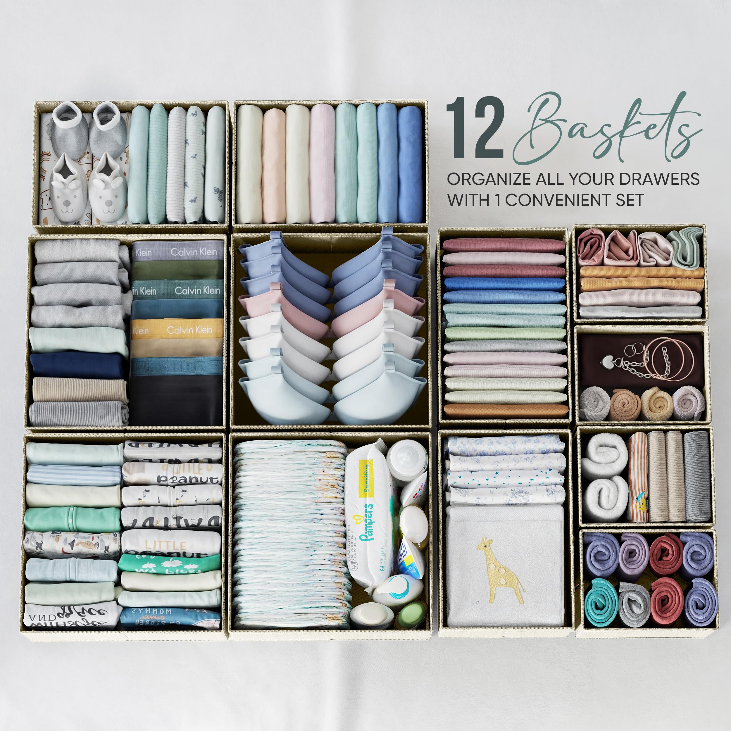 12-Piece Beige Drawer Organizer Set for Clothes - Perfect for Nursery, Bedroom & Closet Storage - Baby Clothes Organizer & Dresser Drawer Dividers for Home Organization (Great for Newborn Essentials, Socks & Undergarments)
